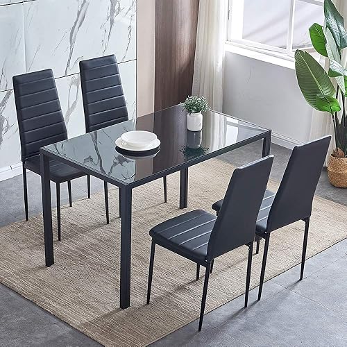 Miniatura 7 de Juego de 6 mesas de comedor y sillas negras modernas de 7 piezas para cocina pequeña, mesa rectangular de vidrio templado y 6 sillas de terciopelo