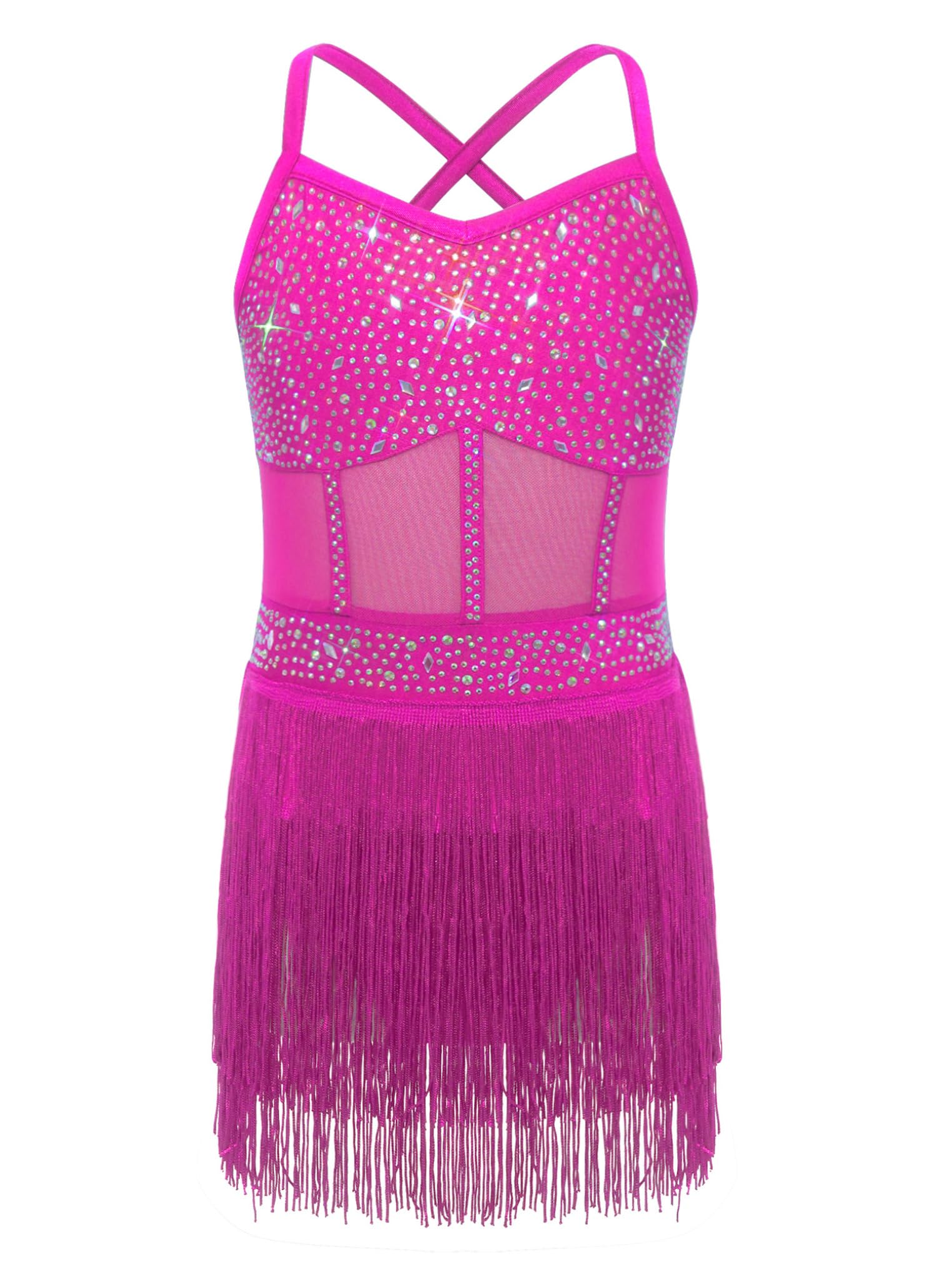 Abito da Ballo Latino Americano Bambina con Nappa Paillettes Body Danza Classica Moterna Leotards da Balletto Senza Manica Costume Samba Rumba Salsa