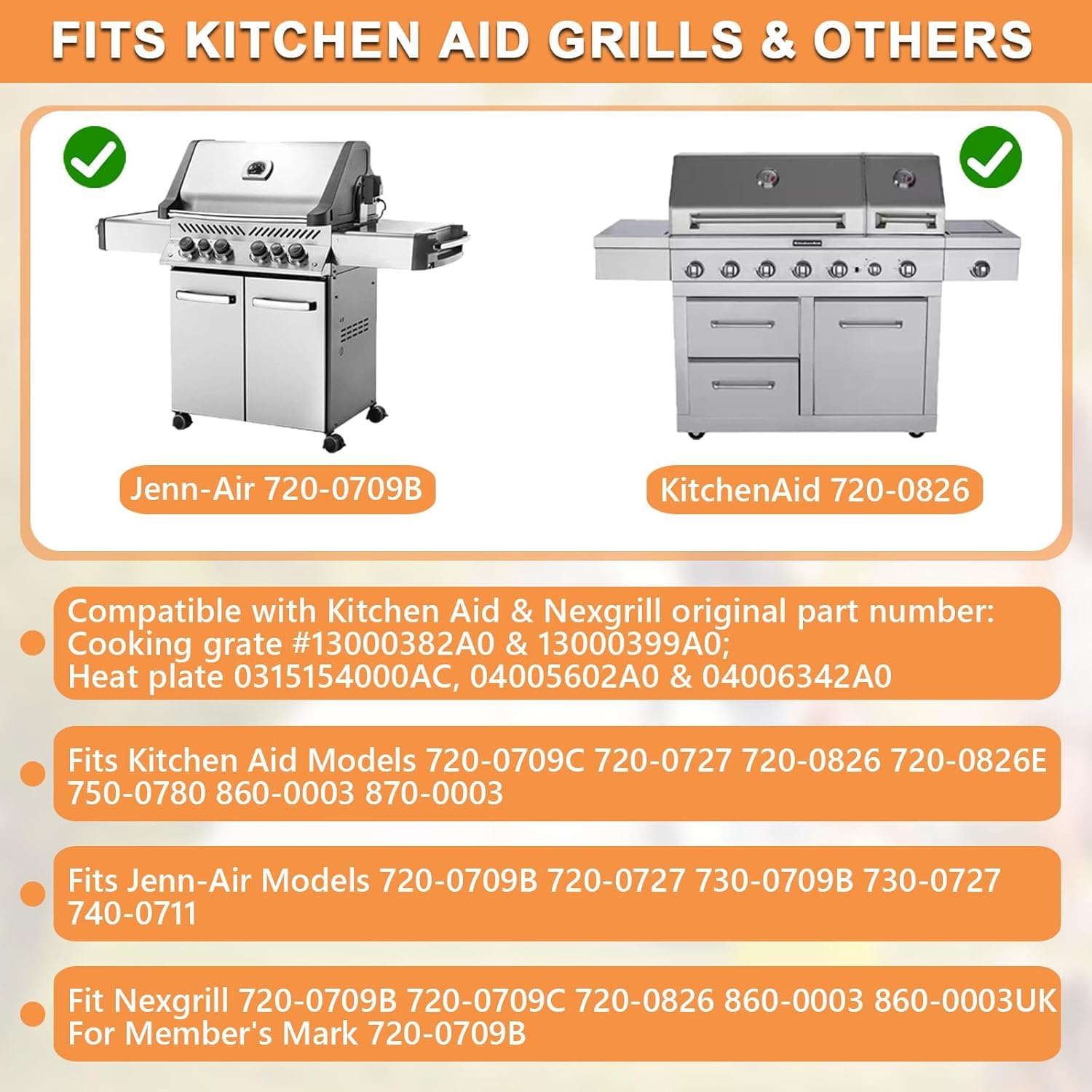 Grill Parts for Kitchen Aid Replacement Parts 720-0709C 720-0727 720-0826 720-0826E 750-0780 860-0003 870-0003, Nexgrill 720-0709B 720-0709C 860-0003 860-0003UK Stainless Steel Grates & Heat Plate Kit