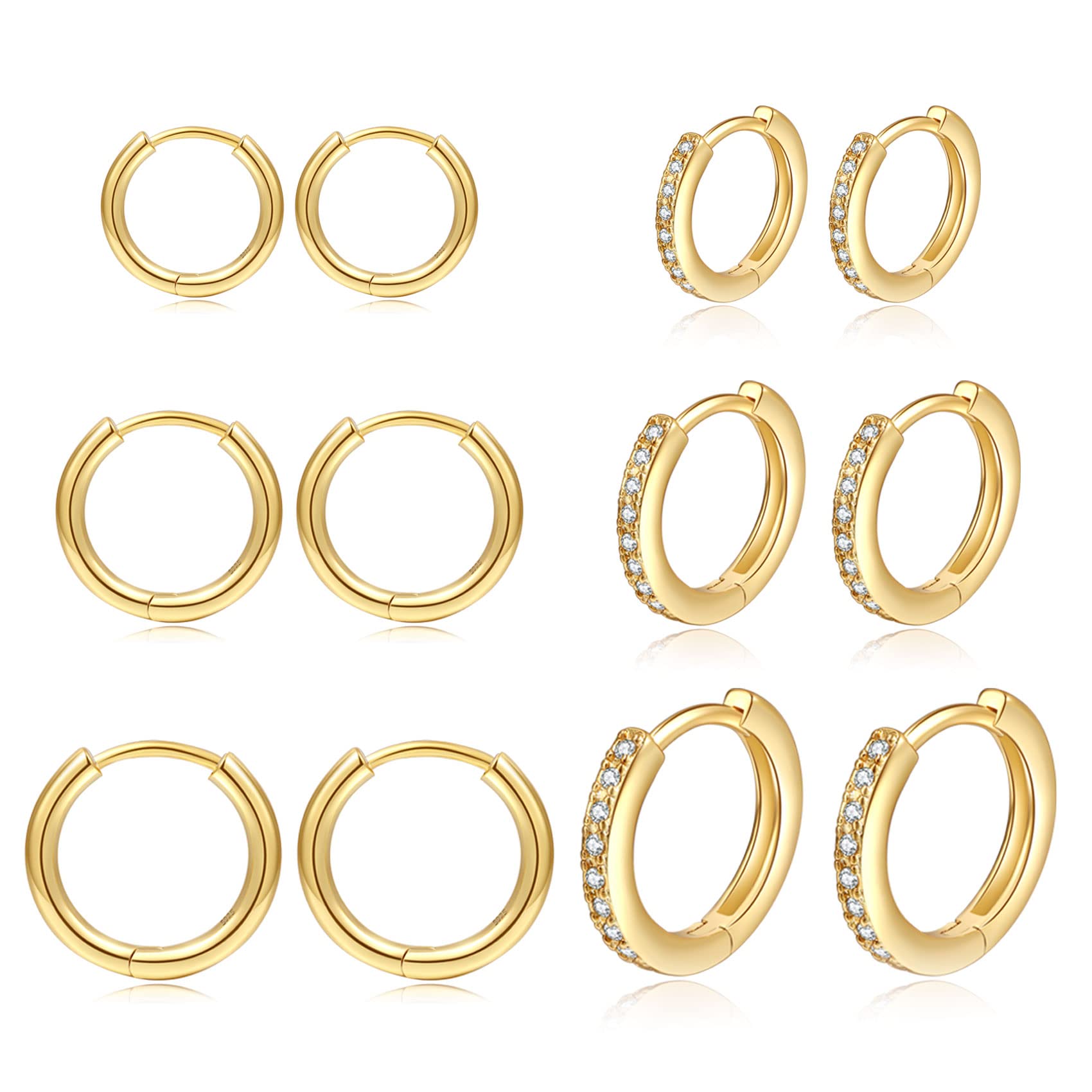 MOROTOLE 6 pares de pendientes de aro chapados en oro de 14 quilates pendientes de aro pequeños de plata de ley pendientes de cartílago de circonita cúbica diminuta para mujeres y hombres