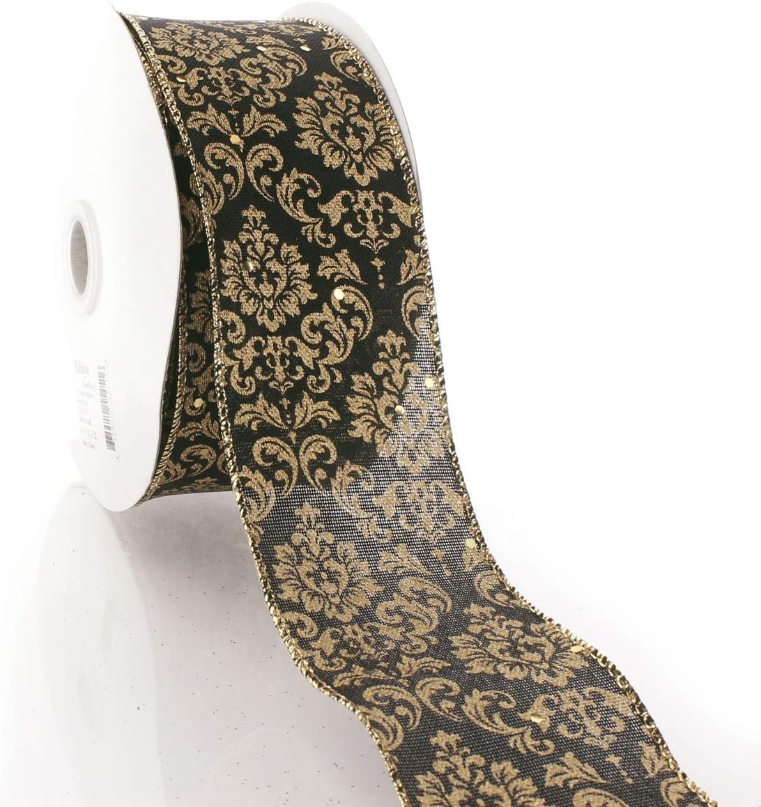 2 1/2" Wired Ribbon Black/Gold Damask - 25 Yards