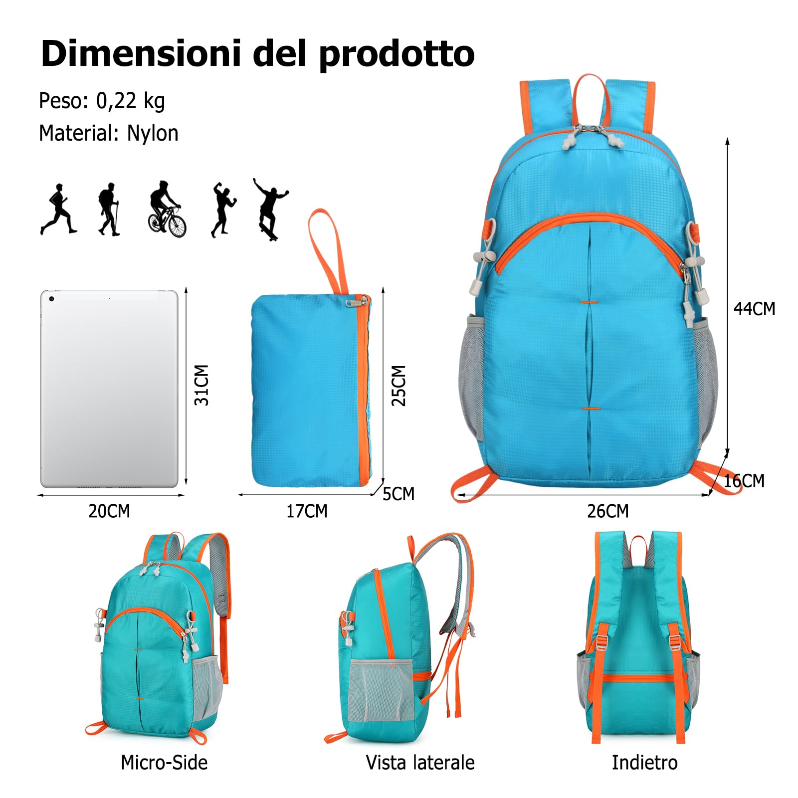 Zaino Pieghevole Impermeabile Leggero Zaini Zaino da Trekking Donna Uomo Backpack per Campeggio Viaggio Uso Quotidiano Azzurro