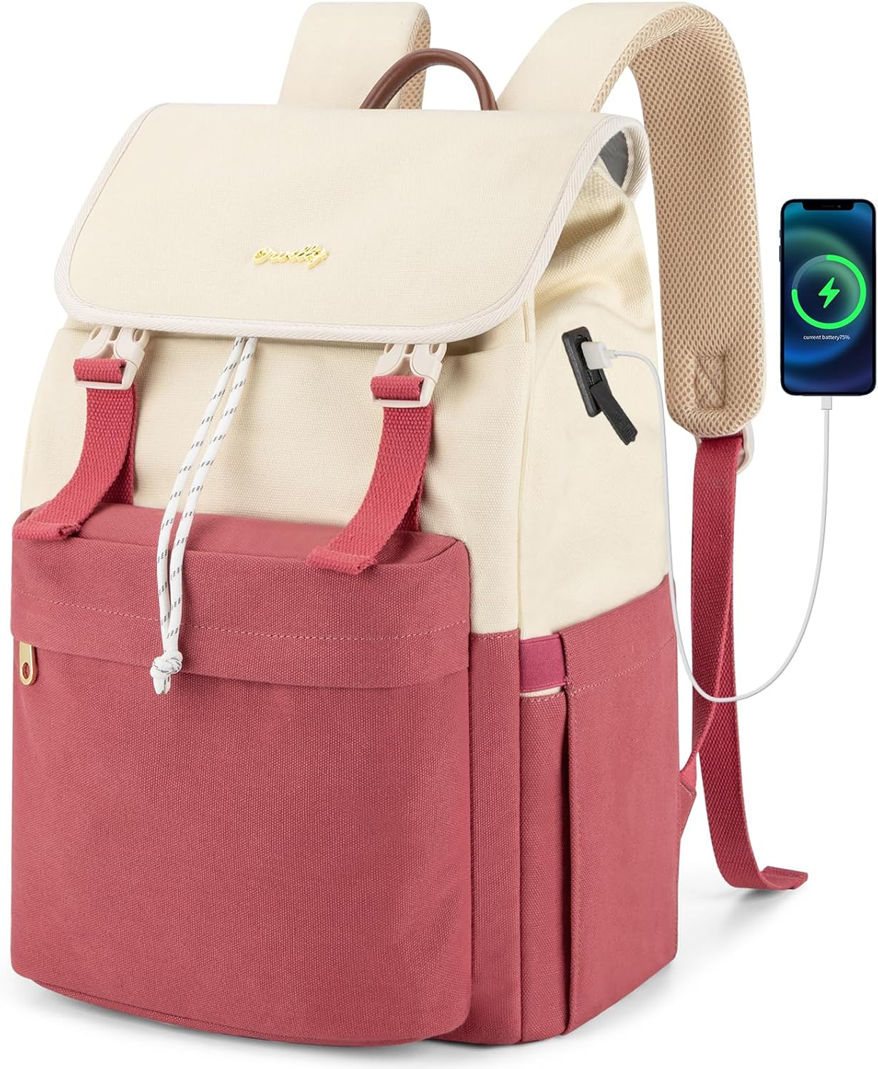 Orvilly Vintage Canvas Laptop Backpack for Women,15.6" Laptop College Rucksack with USB/Type-C Charging Port,Fashion Lightweight Bookbag Casual Daypack Backpacks for Travel Work(Athens Red & Beige)