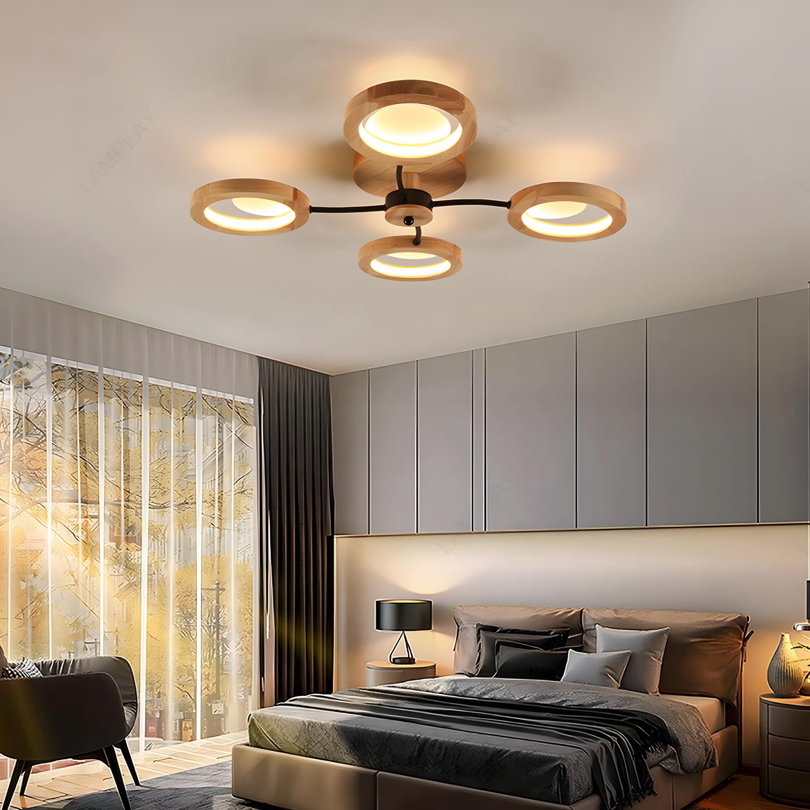 Moderne LED-Deckenleuchte, Ø74cm Kronleuchter Dimmbar Mit Fernbedienung 3000K-6000K, Schwarzer Arm + 4 Holzringe, Metallkreis-Lampenschirm, Wohnzimmer Schlafzimmer Esszimmer Arbeitszimmer Büro