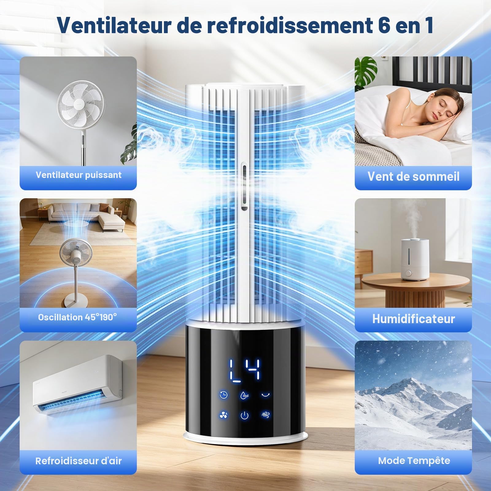 Climatiseur mobile 6en1, refroidisseur d'air avec 3 vitesses, mode turbo, soufflerie douce, fonction brume et minuterie (1-8 h), oscillation 45°/90°, parfait pour la maison et le bureau (Blanc clair)