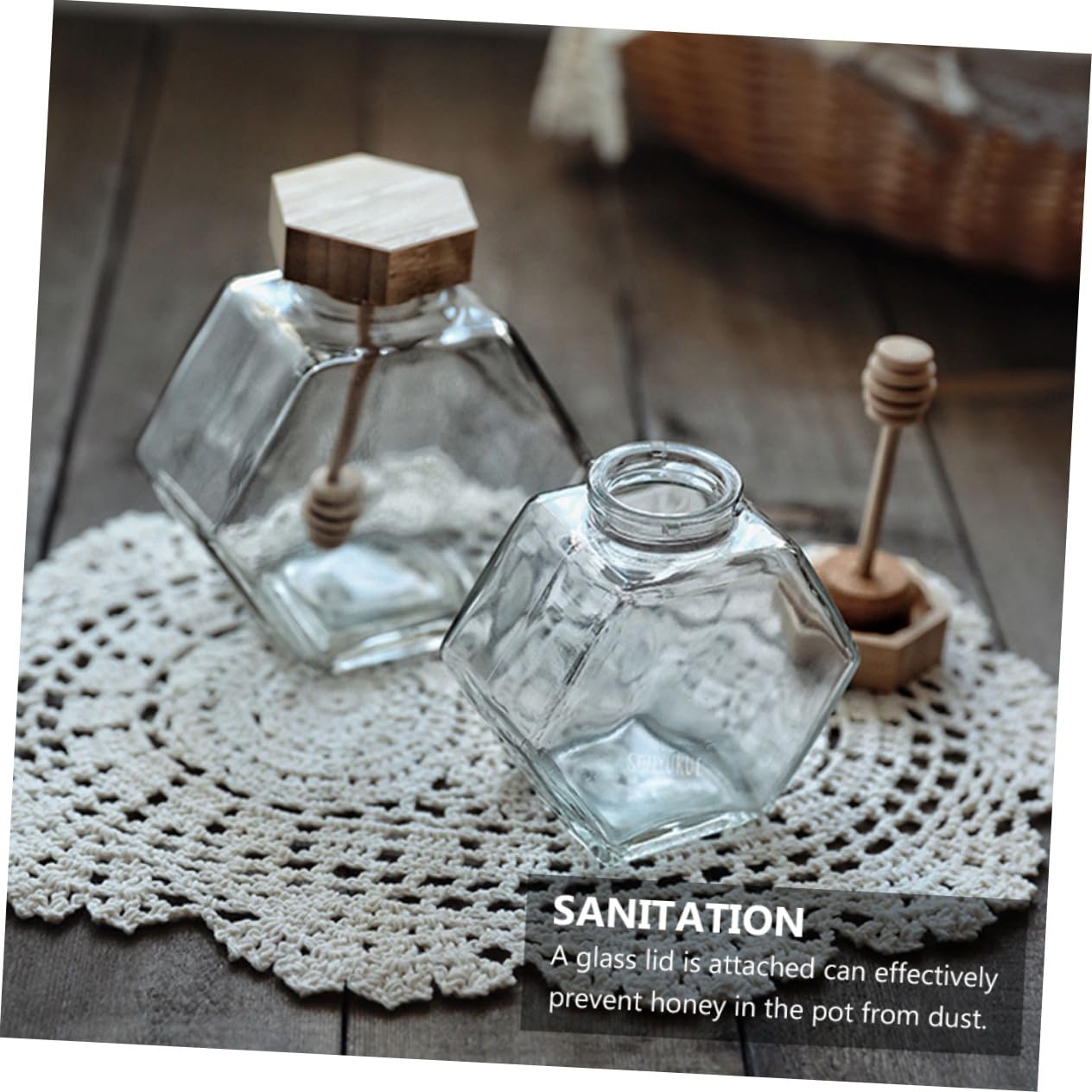 Toyvian Honigglas aus Glas mit Holzdeckel und Rührstab Sechseckiges 380ml