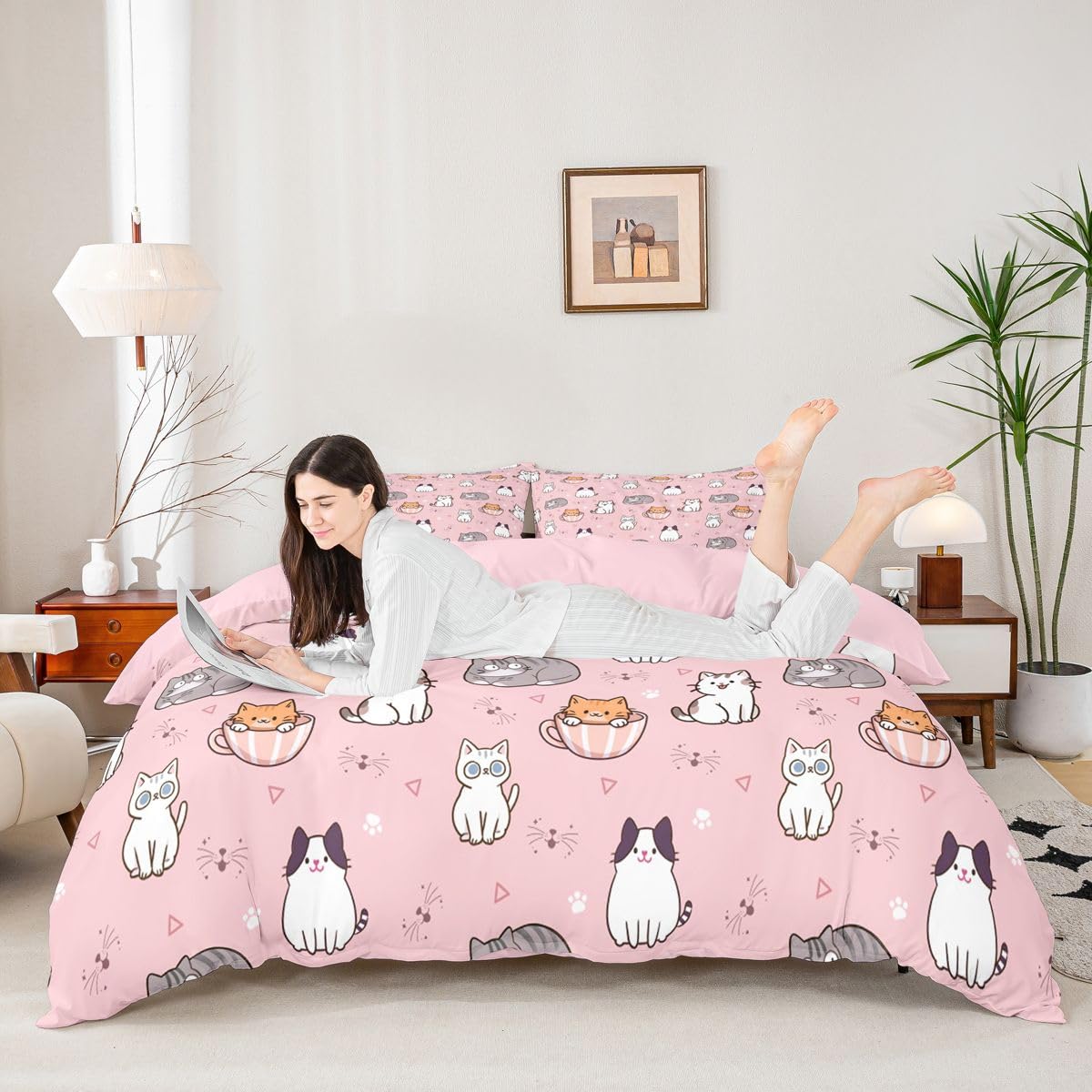 Loussiesd Kreskówkowy kot poszewka na kołdrę super king size zwierzę kreskówka dla chłopców dziewcząt kotek nadruk zestaw pościeli 3 szt. kawaii dekoracja pokoju oddychająca miękka lekka mikrofibra
