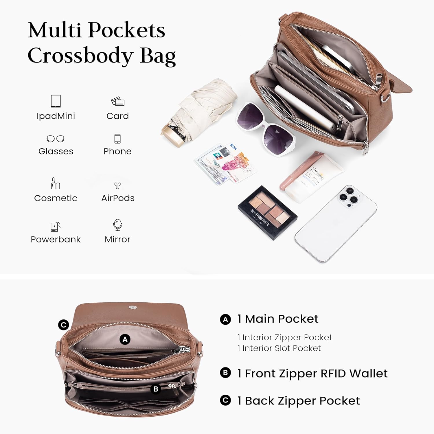 befen Genuine Leather Crossbody Bags for Women with Built in RFID Wallet Medium Womens Saddle Bag Cross Body Purse - Image 4