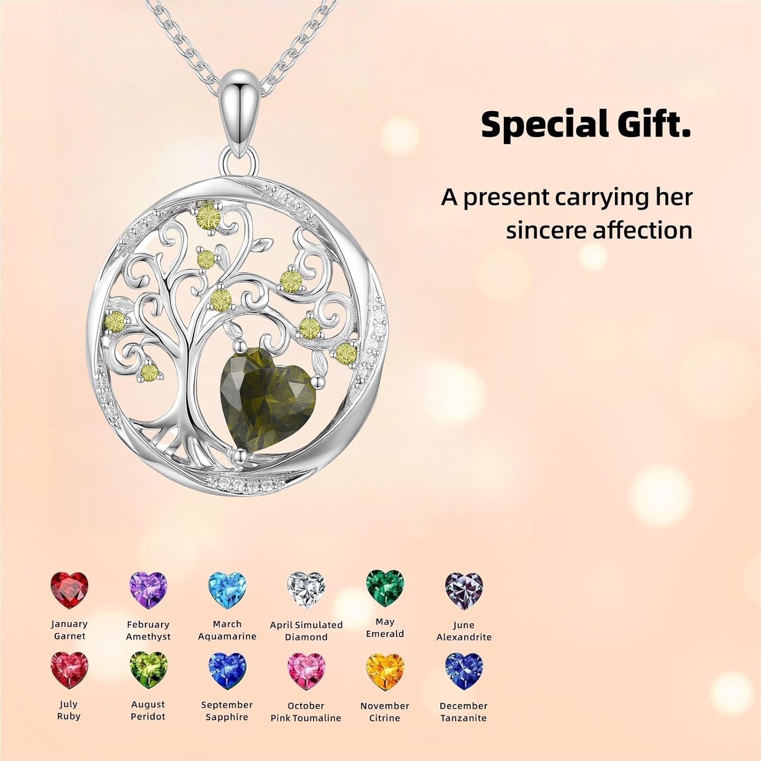 Tree of life necklace with Birthstone Sterling Silver Pendant-Adjustable Chain, Ideal Jewelry gift for her, Girlfriend, Wife, Mom on Birthday, Anniversary - Image 3