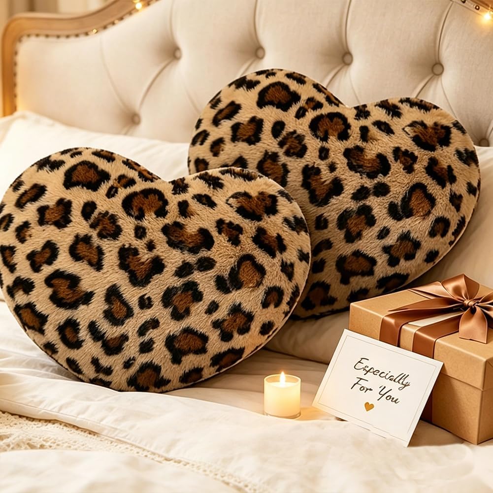 Leopard Heart Pillow Small Cheetah Print Love Pillows Soft Faux Fur Heart Shaped Decorative Pillow Cushion for Bed, Sofa, Couch, Bedroom & Living Room 13 x 10 Inch
