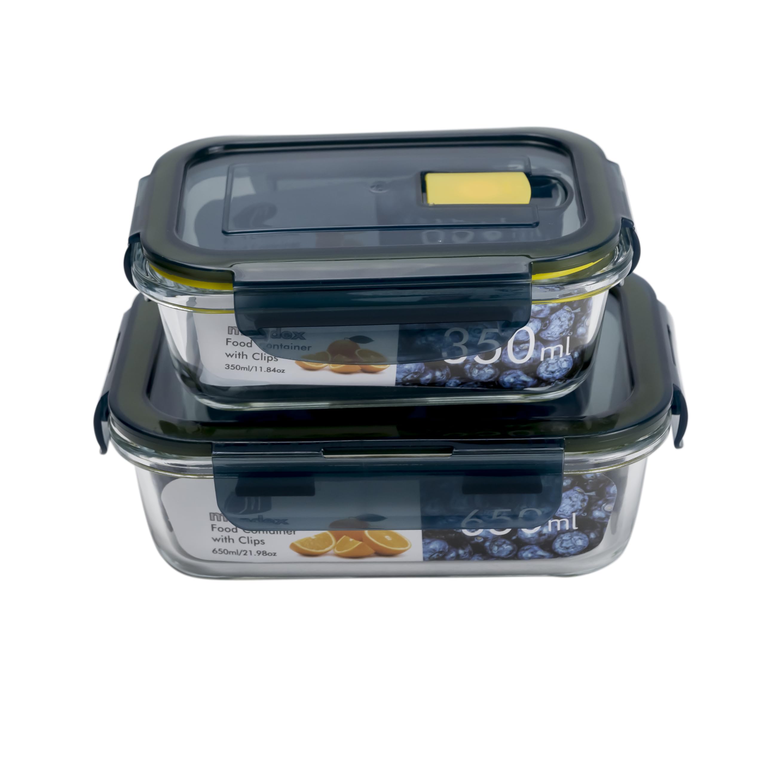 2PCS Mondex Borosilicate Glass Food Saver Set Food Storage Container Lunchbox set with Vent - 350ml + 650ml Capacity, Openable and Secure Air Vents, Silicone Seals, Plastic Lids