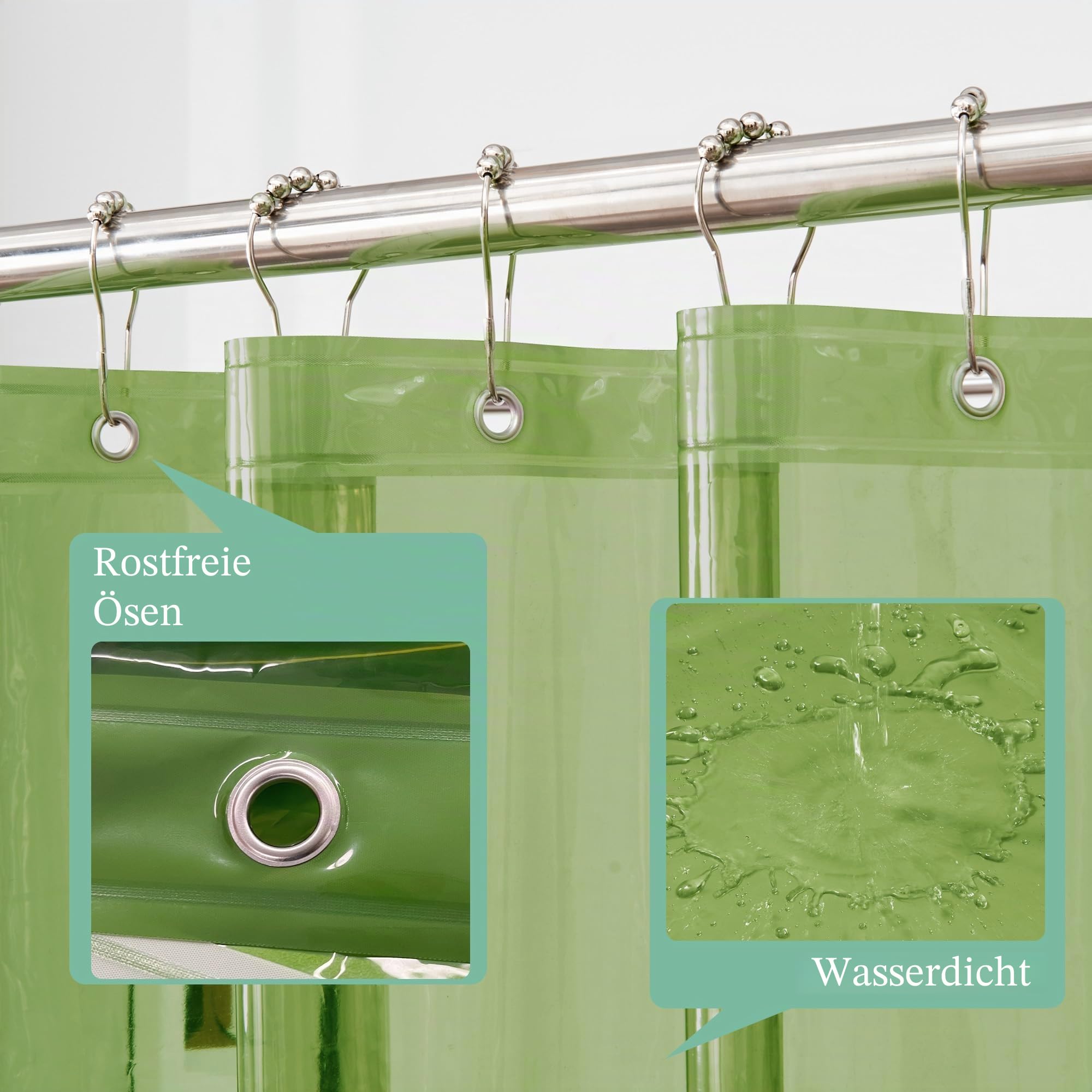 Mrs Awesome Transparenter grüner Duschvorhang mit 3 Magneten, 182,9 x 182,9 cm, hochwertiger, Flexibler Stabiler Kunststoff-Duschvorhang für Badezimmer, wasserdicht, Grün transparent