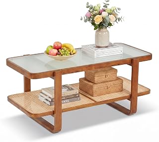 COSTWAY rectangular coffee table, living room table wooden frame glass | Solid Wood Frame Side Table Rattan Shelf Coffee Table for Living Room and Office, 105.5 x 50.5 x 45.8 cm, Walnut