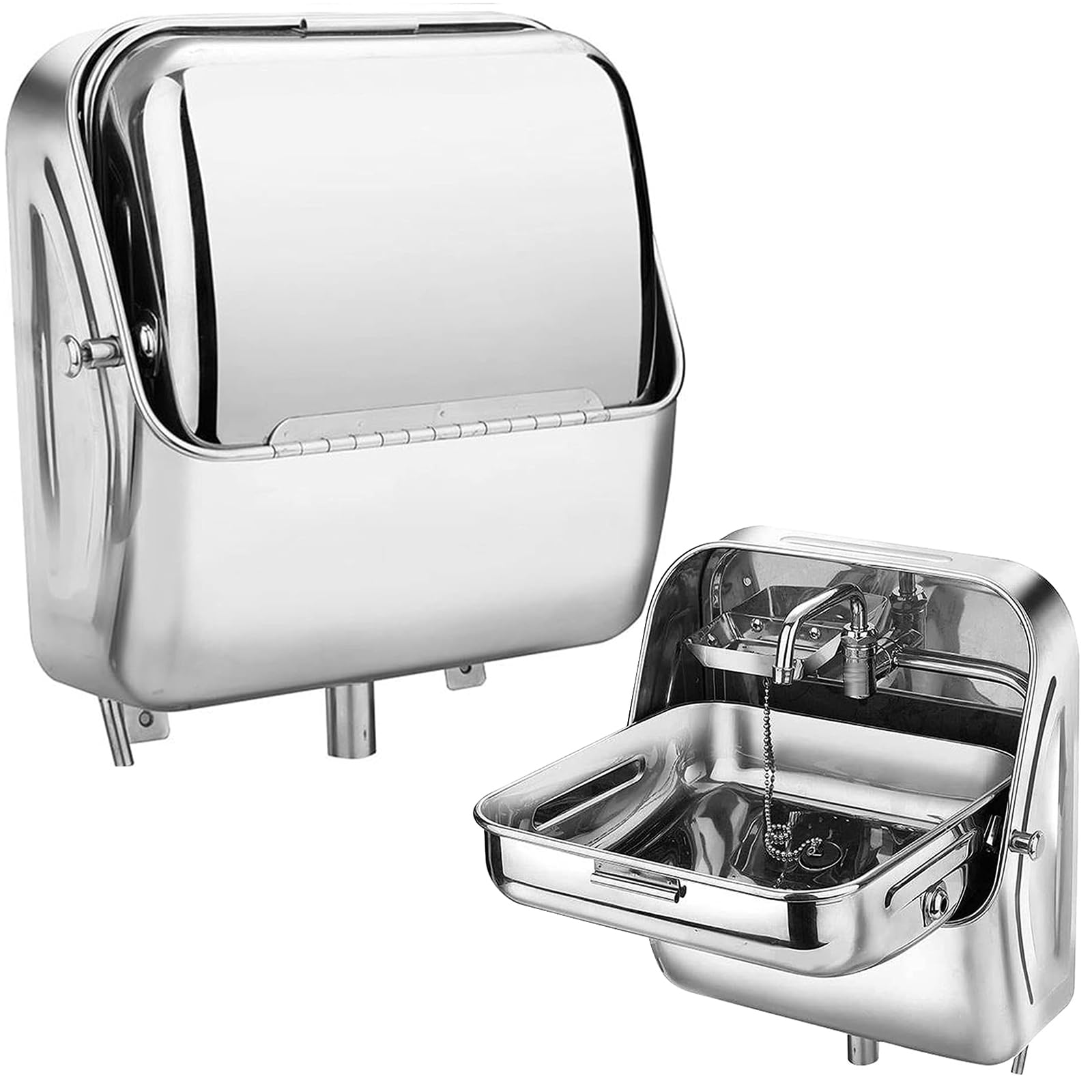 Wall RV Hand Wash, Stainless Steel Folding Basin Sink with Cold Water Faucet & Lid, Wall Mount Hand Wash Basin for RV Caravan, Camper Kitchen & Trailer Bathroom