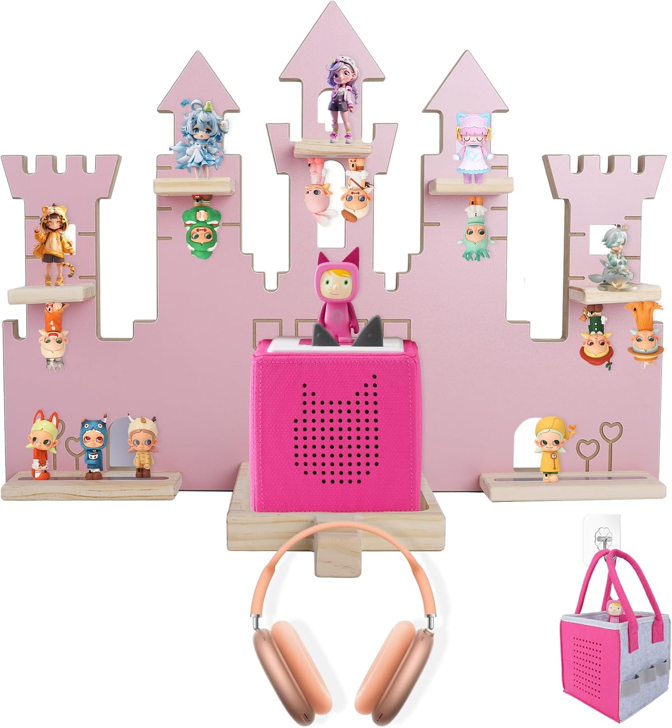 Large Tonie Shelf Castle for Toniebox,Magnetic Wooden Floating Shelves Compatible with Tonie Accessories, Characters & Figures, Display Collection，Toniebox Shelf（Pink）