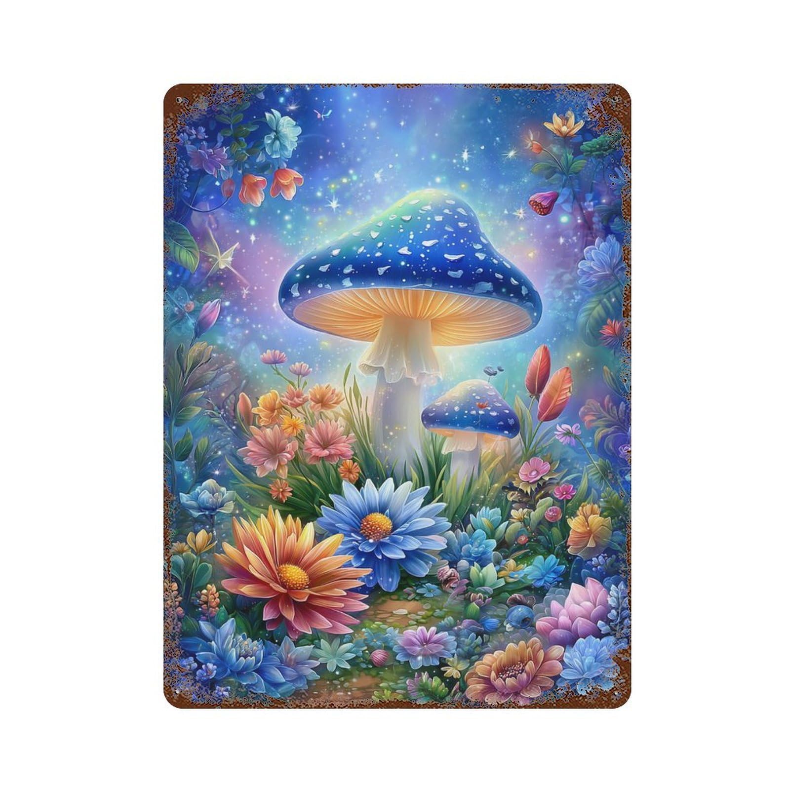 Fantasy Mushroom Garden Rust Effect Tin Sign 15.7"x11.8", Vintage Wall Decor for Bistro, Counter And Cafe Decor