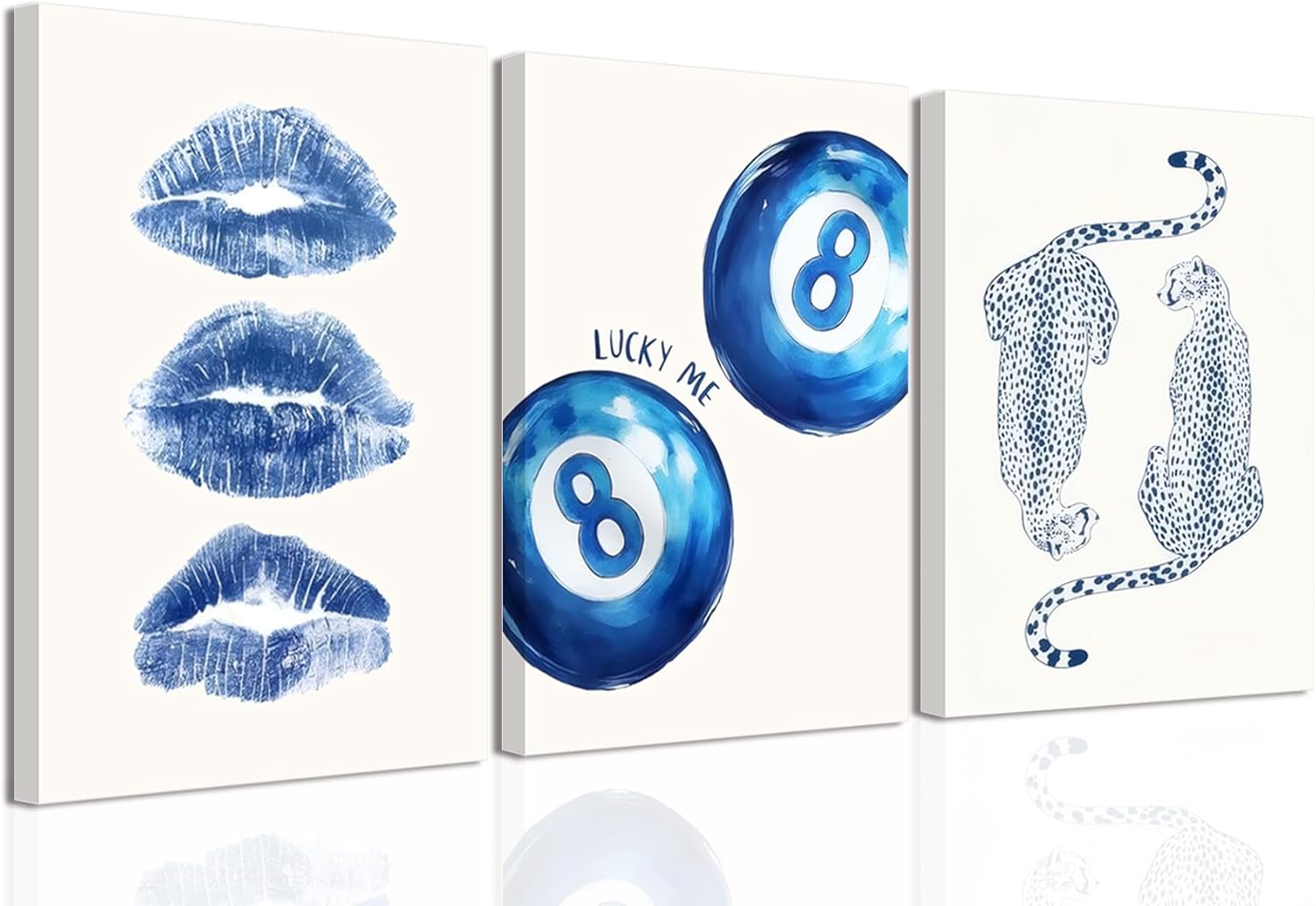 GJJXYCZF Navy Leopard Wall Art Set of 3, Retro Preppy Canvas Wall Decor 8 Ball Lucky Me Kiss Lips Print, Trendy Cheetah Minimalist Aesthetic Pictures for College Dorm Room Bedroom, Framed 12x16in
