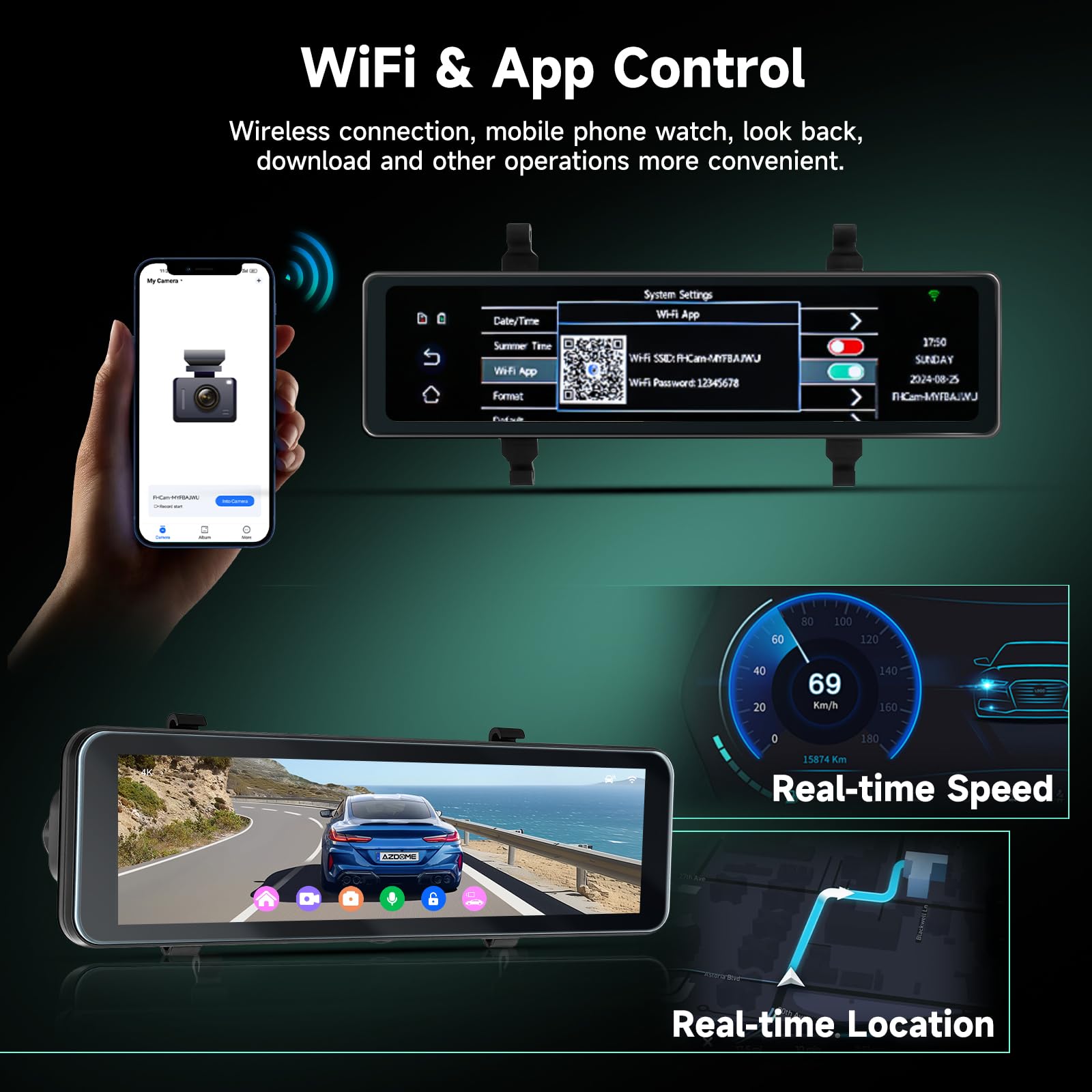 Hodozzy Dashcam Espejo Retrovisor 4K Frontal y 1080P Trasera, GPS ADAS BSD WiFi y App, Pantalla Táctil 10,88 Pulgadas Cámara Coche con Modo Aparcamiento, Sensor G, Loop, Visión Nocturna, Tarjeta 64GB