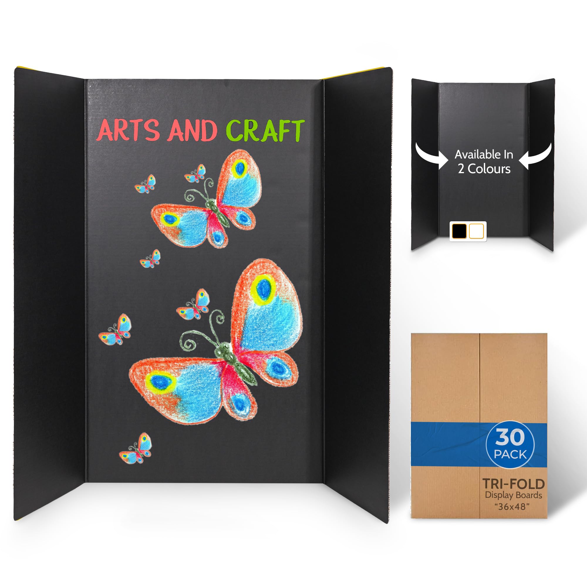 EPI Tri Fold Cardboard Display Board. Large 36 x 48in Black Tri-fold Poster 30 Pack. Professional Presentation Boards with Rounded Corners for Science