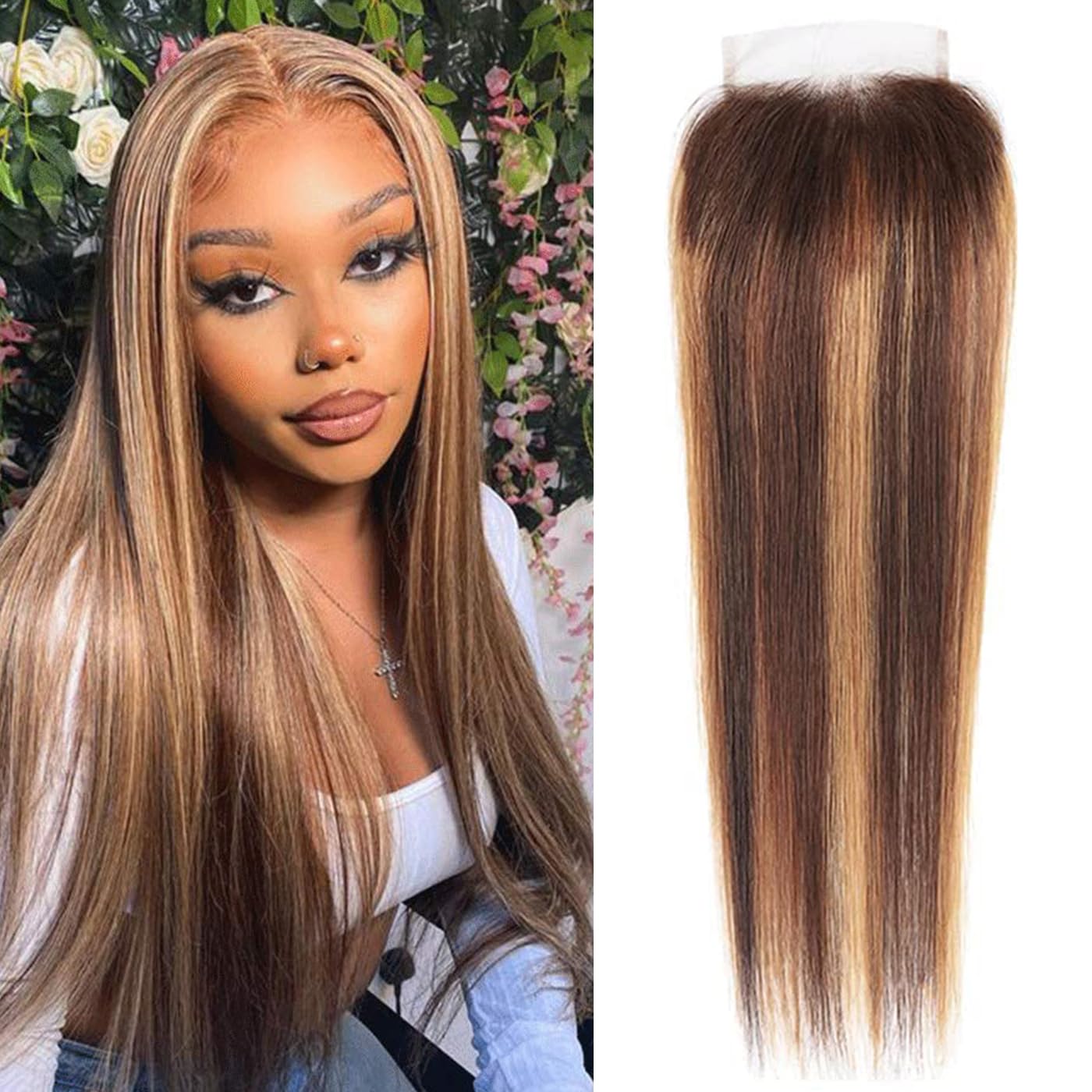 Highlight Closure Human Hair 4x4 Lace Closure Straight Ombre Color Chocolate Brown to Caramel Blonde Remy Hair Lace Closure With Natural Hairline Free Part 18 inch(18 inch #P4/27)