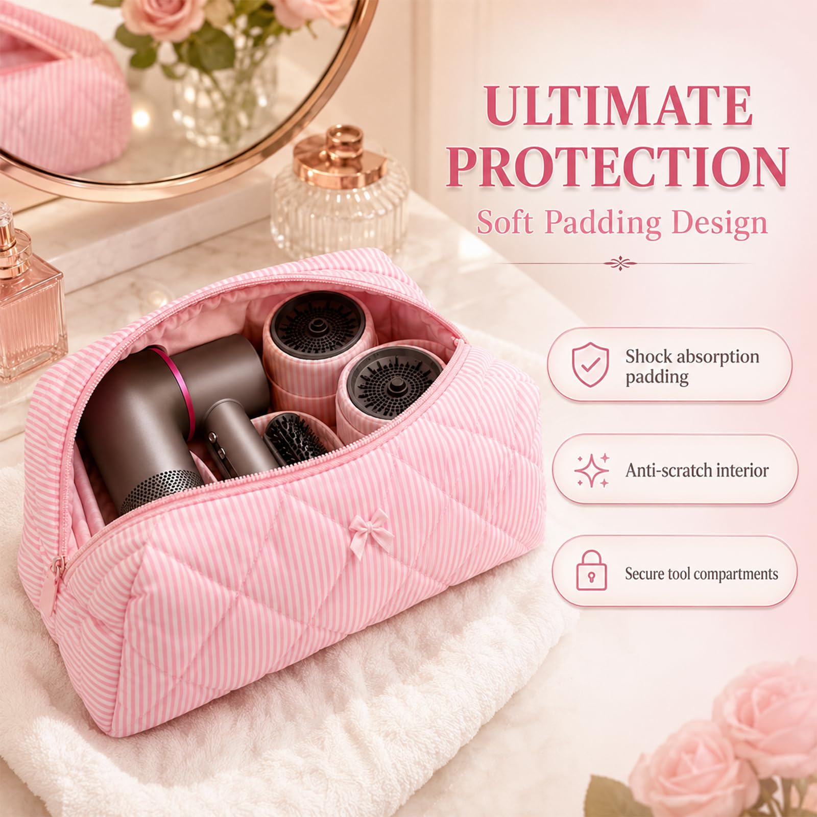 Aufbewahrungstasche für Dyson Airwrap und Zubehör, Reisetasche Kosmetiktasche, Große Kapazität mit Fächern, Leichtbau（Rosa gestreifter Stil）