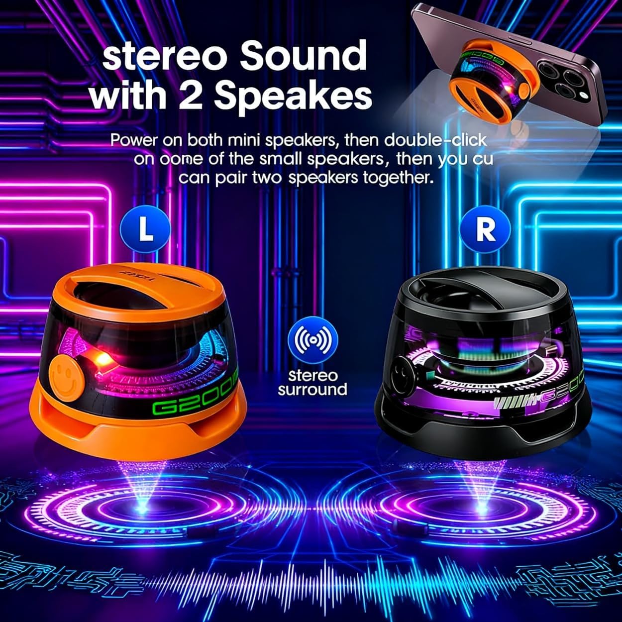 G200 Magnetic Bluetooth Speaker, Portable Wireless Mini Speaker with RGB Light Multi-Speaker Pairing,Phone Stand, for iPhone. Android, Party, Desk,Camping. 1 Orange Wireless Speaker - Image 3
