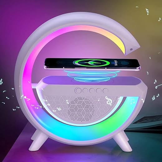 DooBuy G Shape Bluetooth LED Wireless Speaker with USB Port, SD Card Slot, FM Mode, RGB Mood Light & Wireless Smartphone Charging Dock, LED Desk Lamp