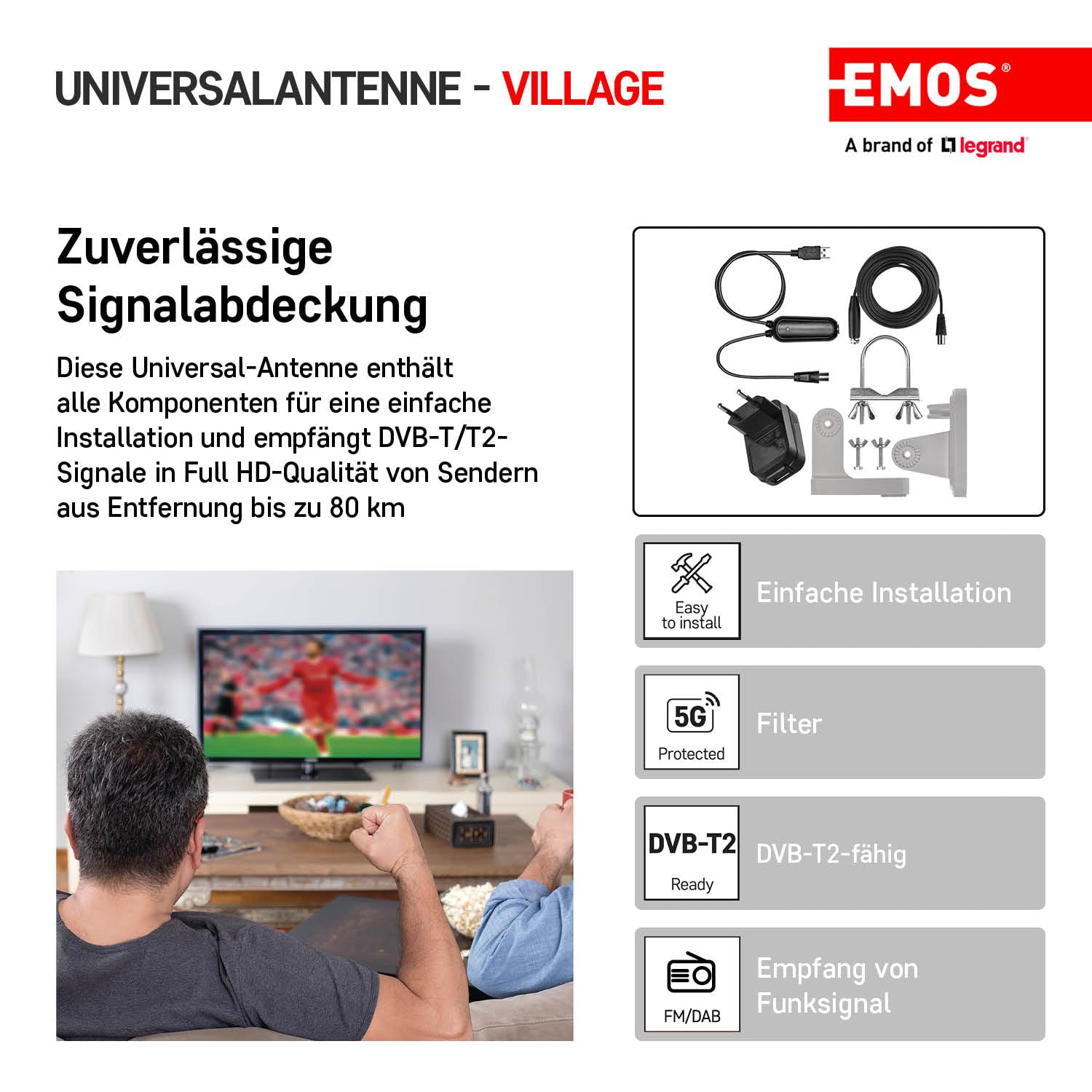 EMOS - Digital-Antenne mit Verstärker - für Außen - Aktive Antenne Village - 0-80 km Reichweite - FM/DAB/DVB-T/DVB-T2 - Integrierter LTE/4G/5G-Filter - 360° Empfangswinkel – Wetterfest,UV-beständig