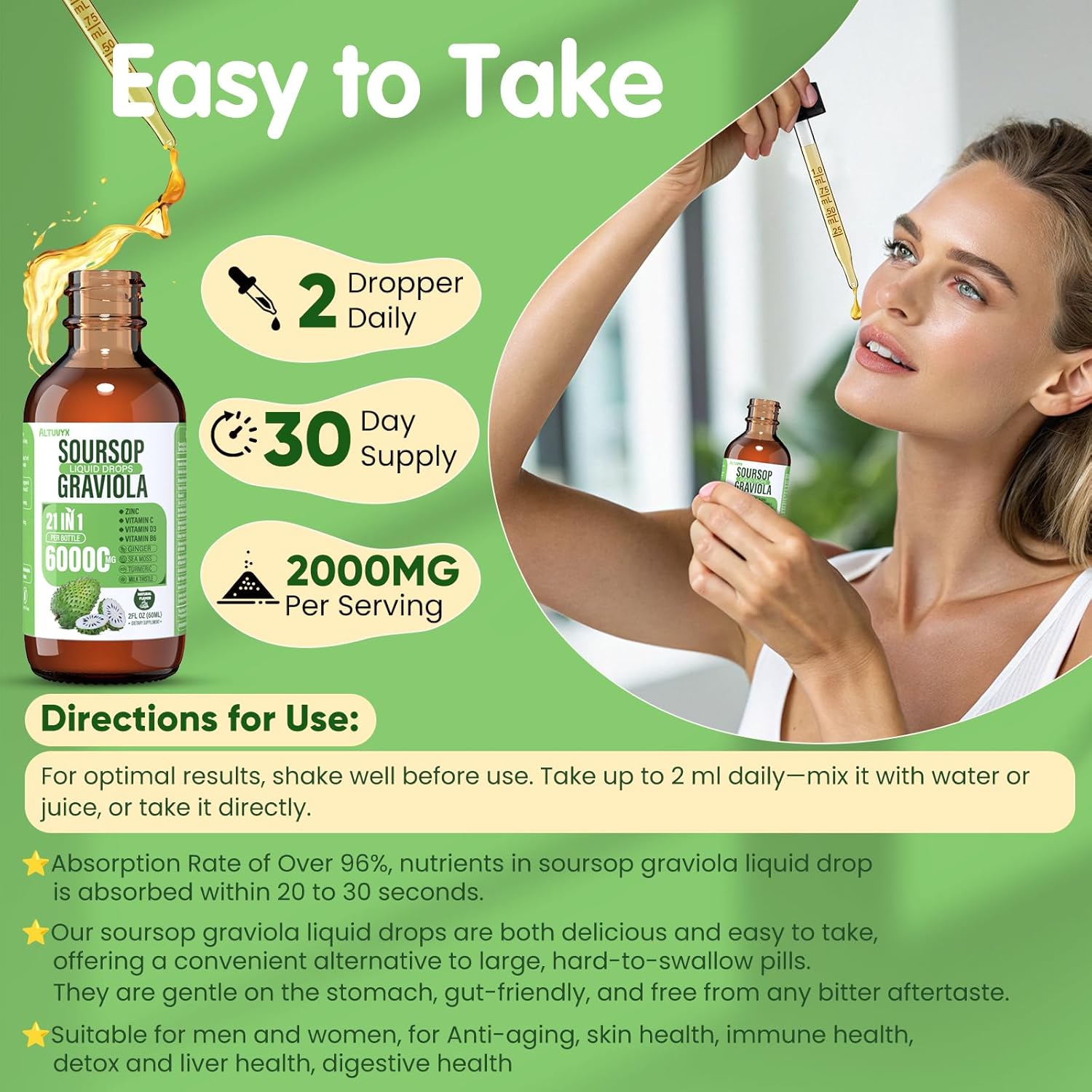 21-in-1 Soursop Graviola Liquid Drop, Soursop Bitters Liquid 2000mg Organic Soursop Leaves & Fruit with 300mg Sea Moss, Zinc, Vitamins for Cellular, Immune, Skin, Digestive, Natural Flavor, 60ML - Image 6