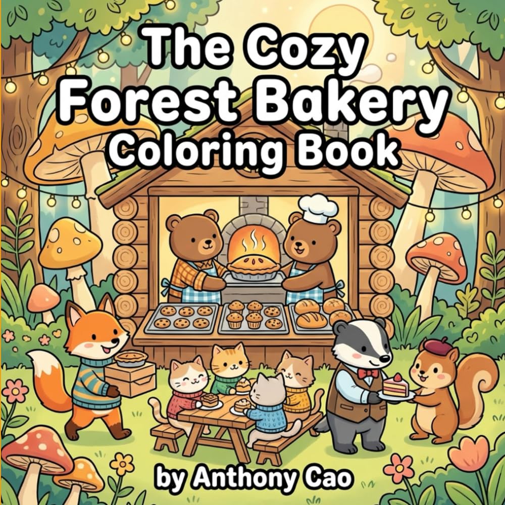 The Cozy Forest Bakery Coloring Book: Adorable Woodland Animals Running Cafés, Baking Sweet Treats & Cats in Cozy Sweaters – A Relaxing Coloring Adventure for All Ages