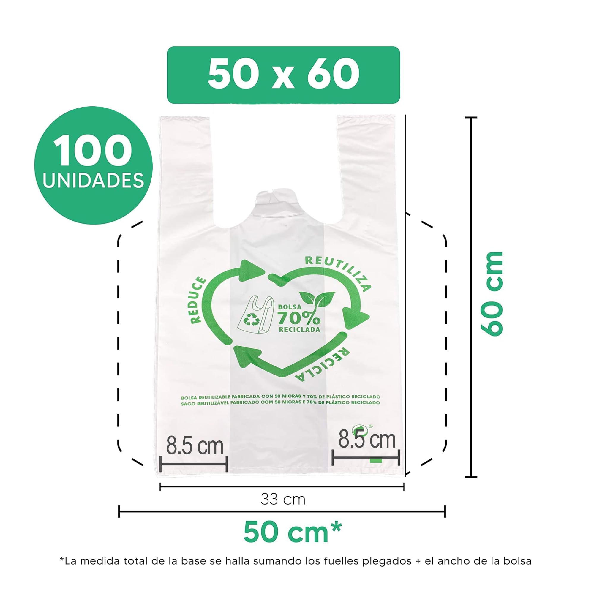 Bolsas de Plástico Asa Camiseta Blanco 50x60 cm 100 Unidades Reutilizables Resistentes 50 Micras 70% Reciclado Aptas Alimentación
