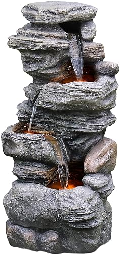 Miniatura 10 de Teamson Home Fuente de Agua LED para Exteriores de 33.25 pulgadas con Tazones en Cascada y Piedras Apiladas para Jardines, Paisajismo, Patios