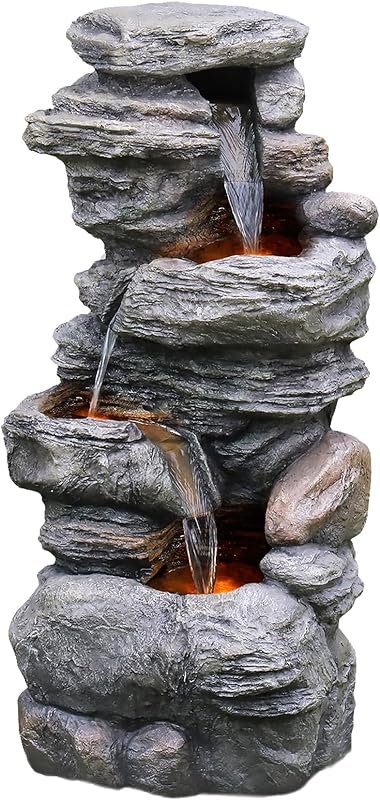 Teamson Home 39.37 in. Outdoor Faux Stacked Stone 4-Tier Water Fountain with LED Lights and Pump, Gray | Faux Stone, Patio Waterfall Feature, LED Lights & Pump, For Yard, Deck, Landscaping