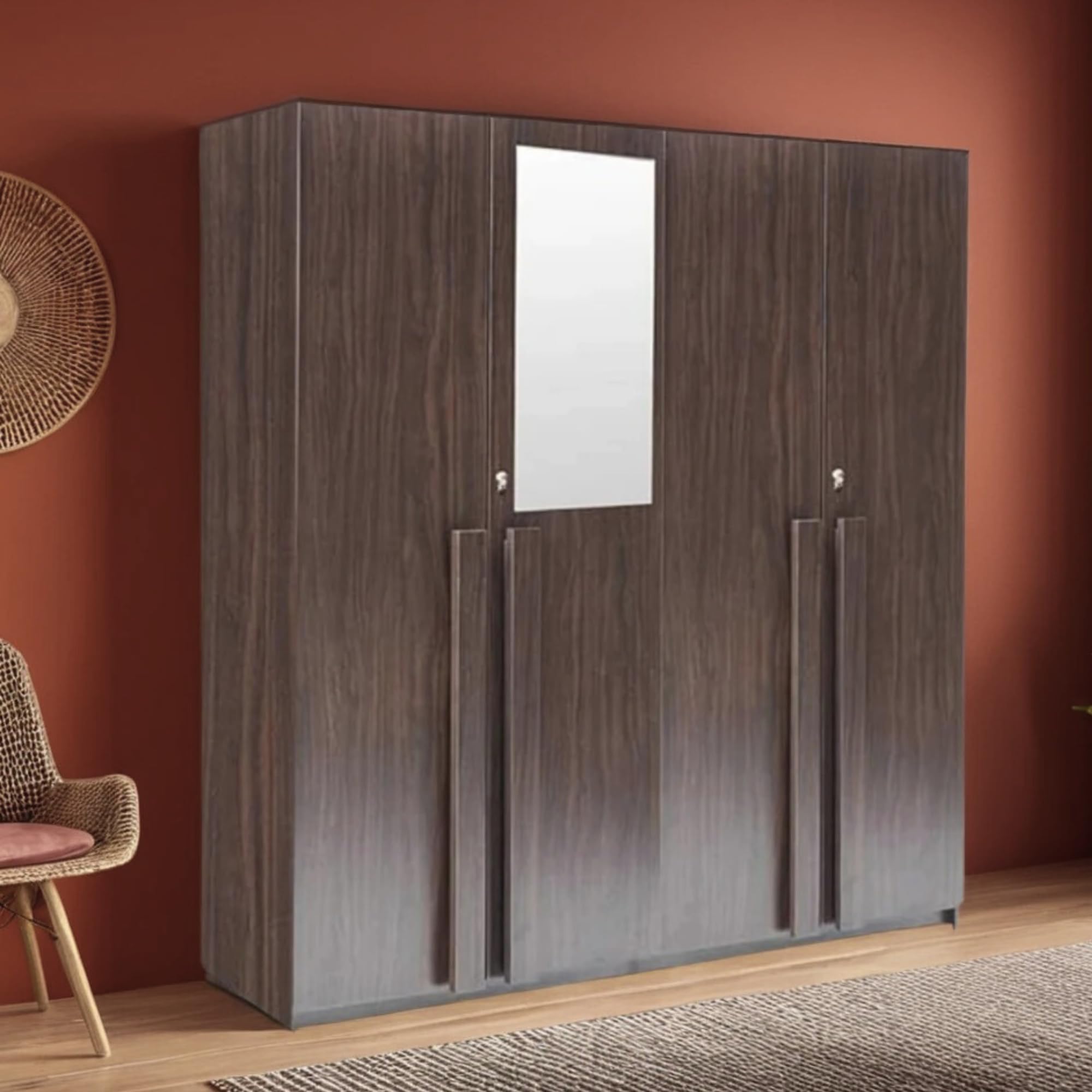 CASPIAN Engineered Wood 4 Door Wardrobe (Walnut) | Pre Assembled Furniture with Mirror | Cupboard/Almirah for Home Bedroom Clothes Storage Organizer with 4 Shelves & 2 Hanging Spaces