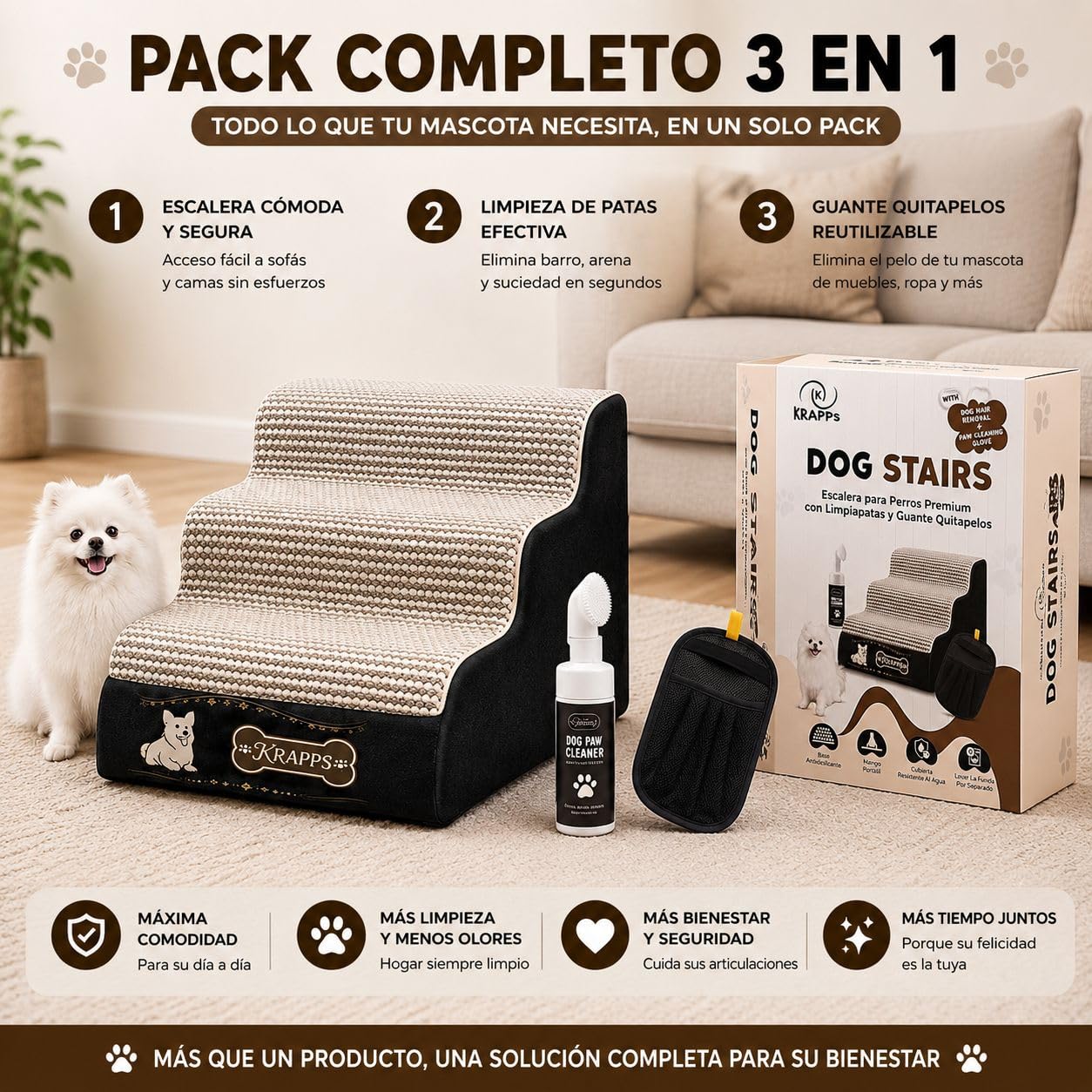 Escalera para Perros Pequeños o Mayores con 2 Fundas Impermeables y 1 Cepillo para Pelos - Rampa para Perros, Escalera Perro, Rampa Perro, Dog Ramp, Escaleras para Camas, Escada para Caes