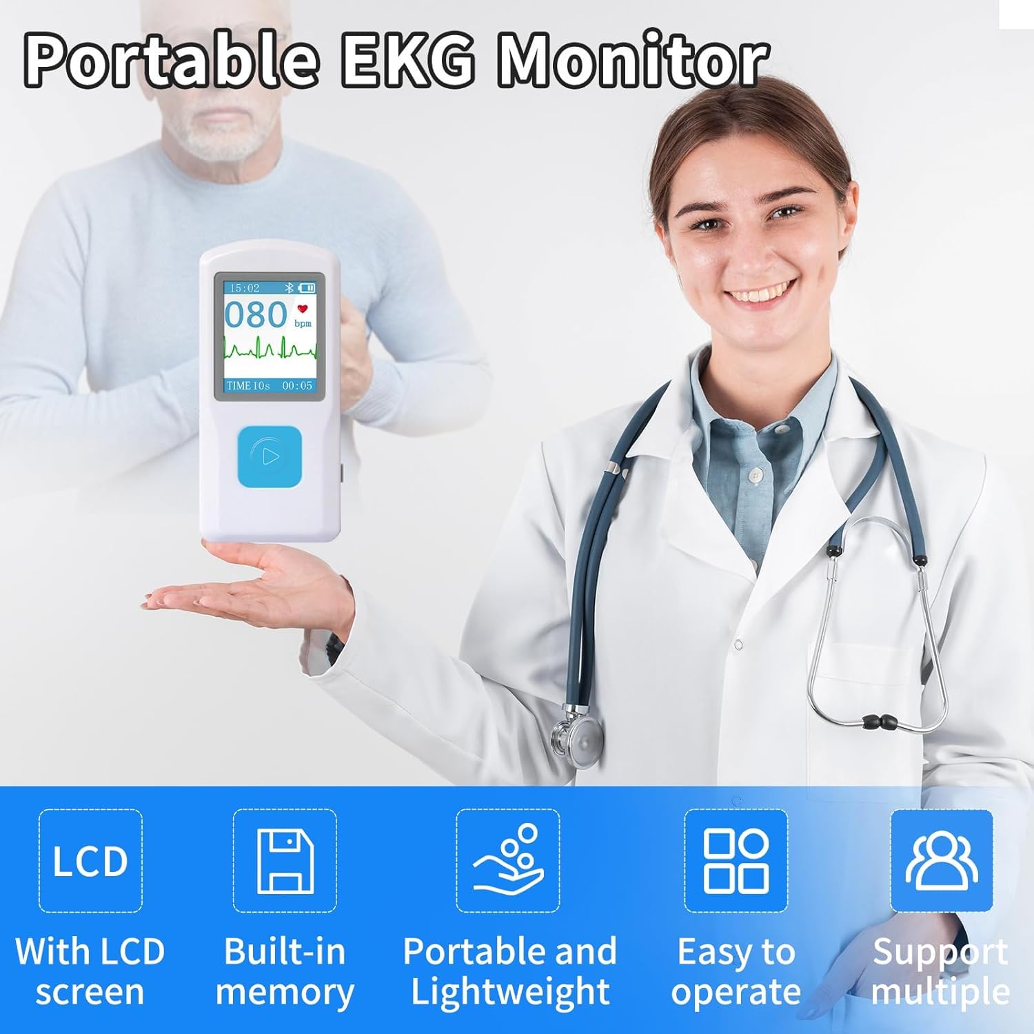 Monitor Personal De Frecuencia Cardíaca, Monitor Portátil De ECG, Alcanza Una Conclusión En 10 Segundos, Almacena 99 Datos, Con Pantalla LCD, Con Smartphone, 4 Métodos De Medición, Para El Hogar