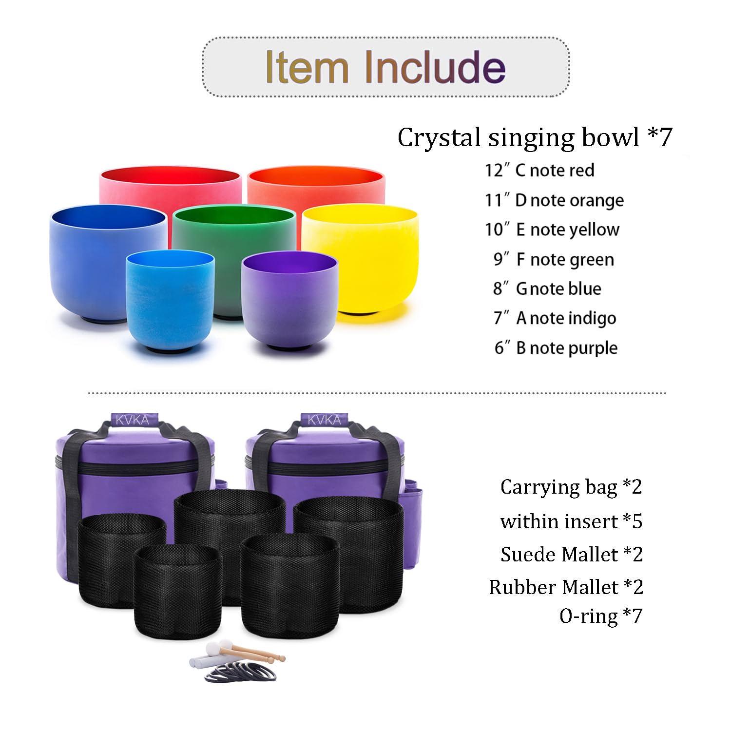 KVKA Kristall-Klangschalen Set, 6-12 inch 432Hz Farbiger Quarz Chakra Sound Healing Klangschalen für Yoga Meditation Entspannung Stressabbau mit Tragetasche