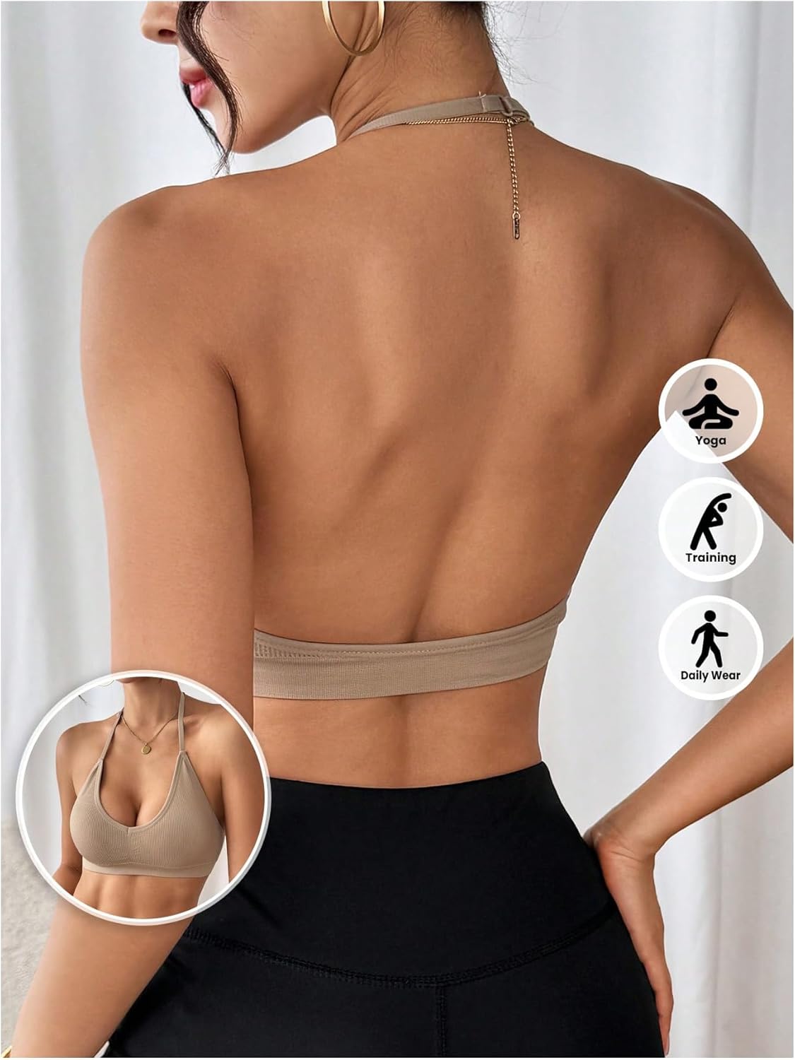 MakeMeChic Women's Low Back Halter Bra Seamless Wireless Bralette Rib Knit Everyday Bras - Image 2