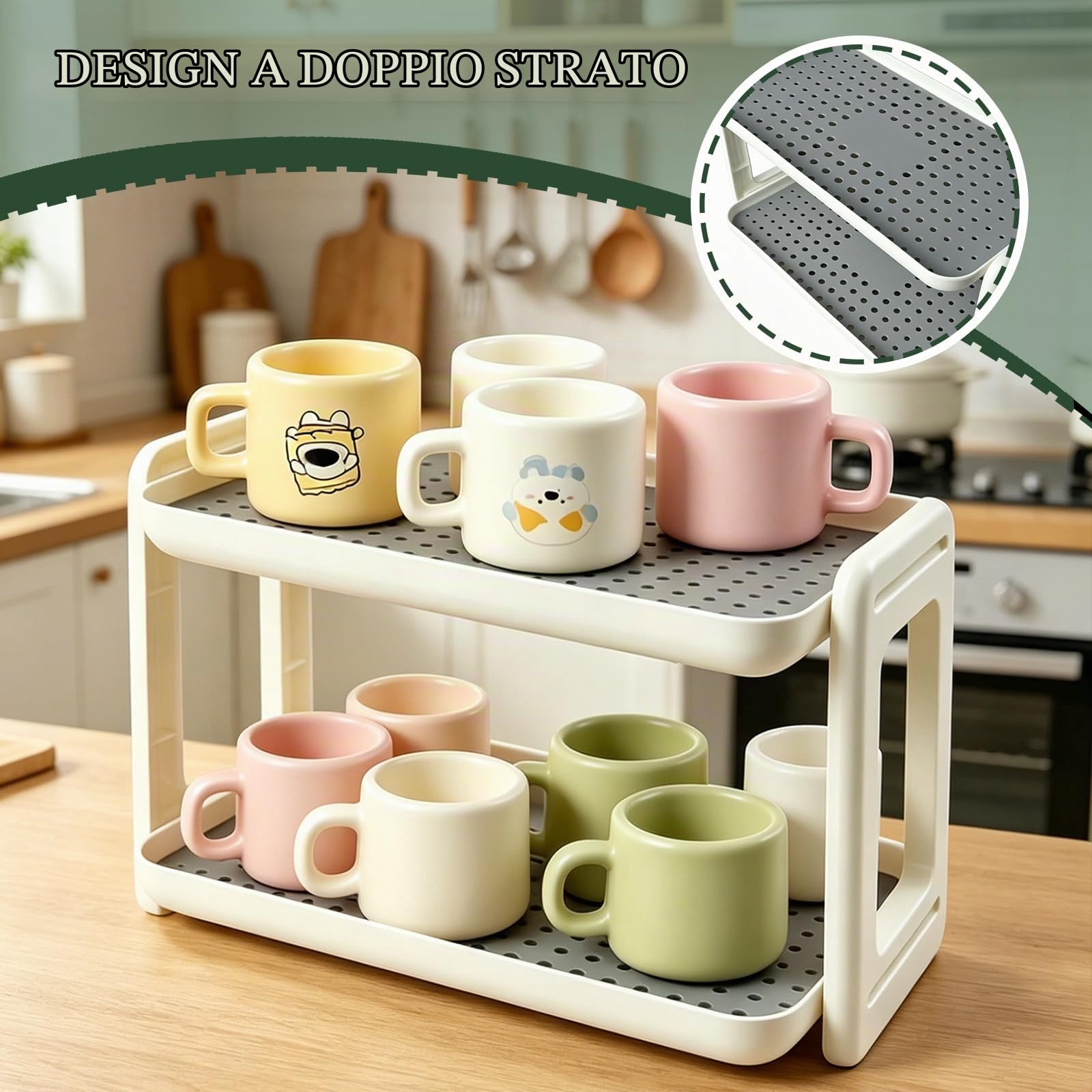 Porta Spezie per Cucina, Portaspezie Salvaspazio Cucina 2 Livelli in Plastica con Vaschetta Scolagocce, Portaspezie da Appoggio per Cucina Bagno Camera da Letto, Contenitore per Spezie e Tazze, Bianco