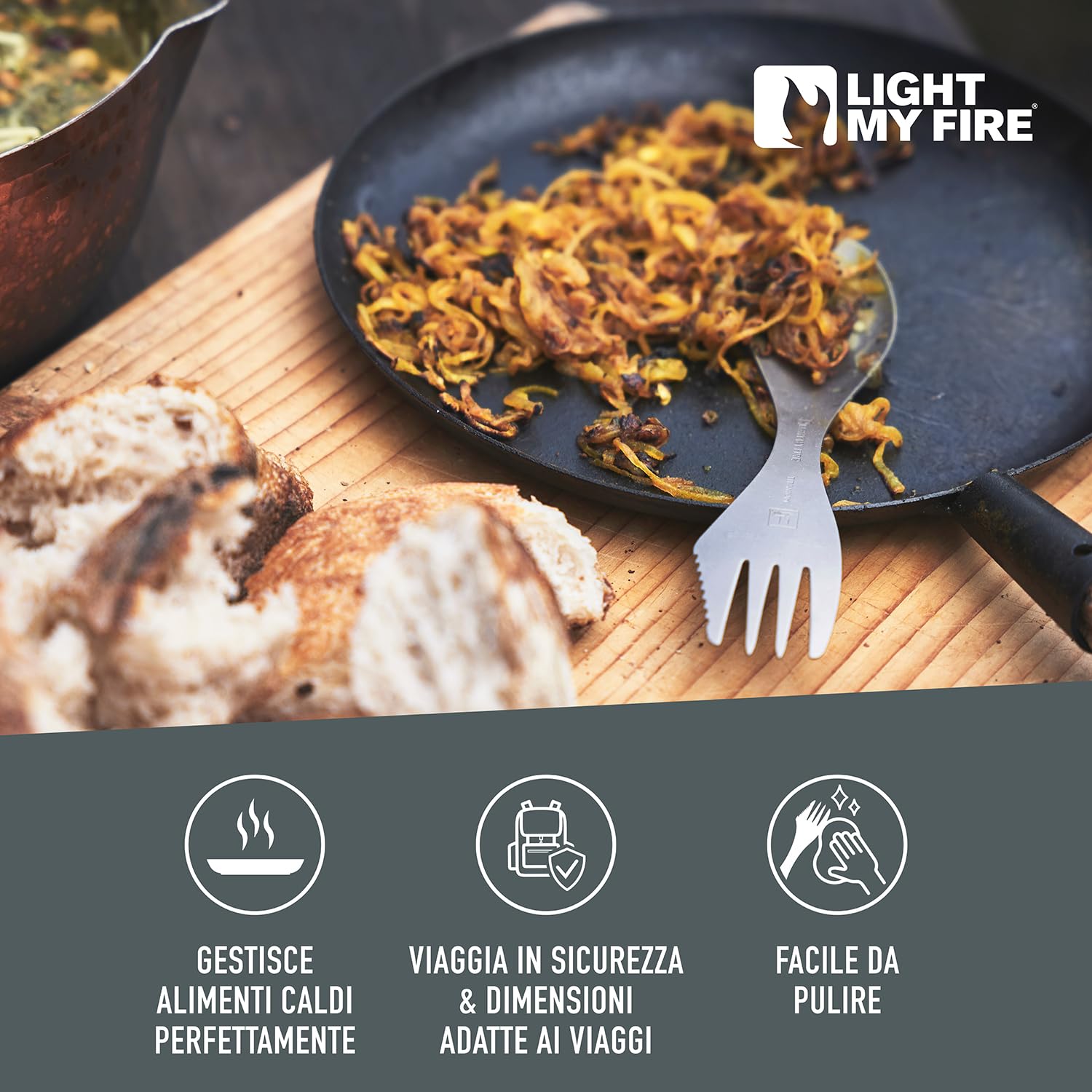 Light My Fire Spork Titanio - Combo Forchetta Coltello Cucchiaio Portatile - Posate da Viaggio e Campeggio Riutilizzabili - Posate Picnic Indistruttibili, Atossiche, Senza BPA – Spork Set da 1