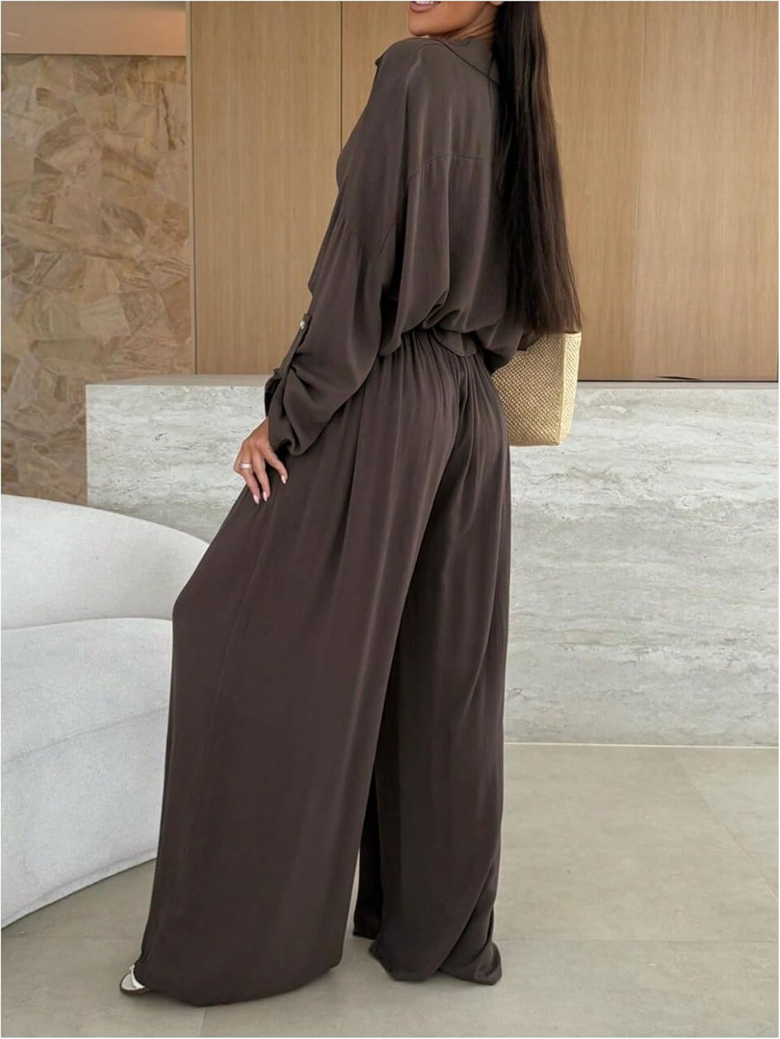 Verdusa Women's 2 Piece Sets Collared Button Up Shirts with Wide Leg Pants image 2