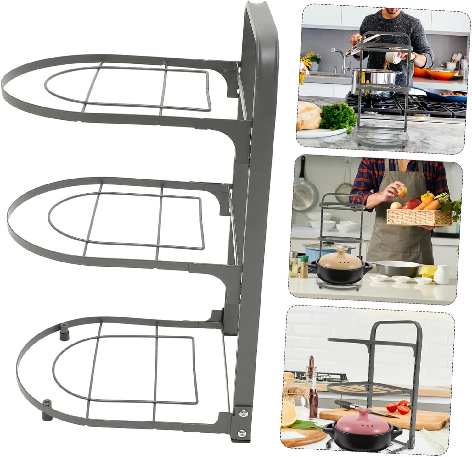 Heavy Duty Foldable Pot Rack Multi-layer Kitchen Countertop Organizer for Pots Pans and Spice Bottles Under Sink Storage Space Saver Gray