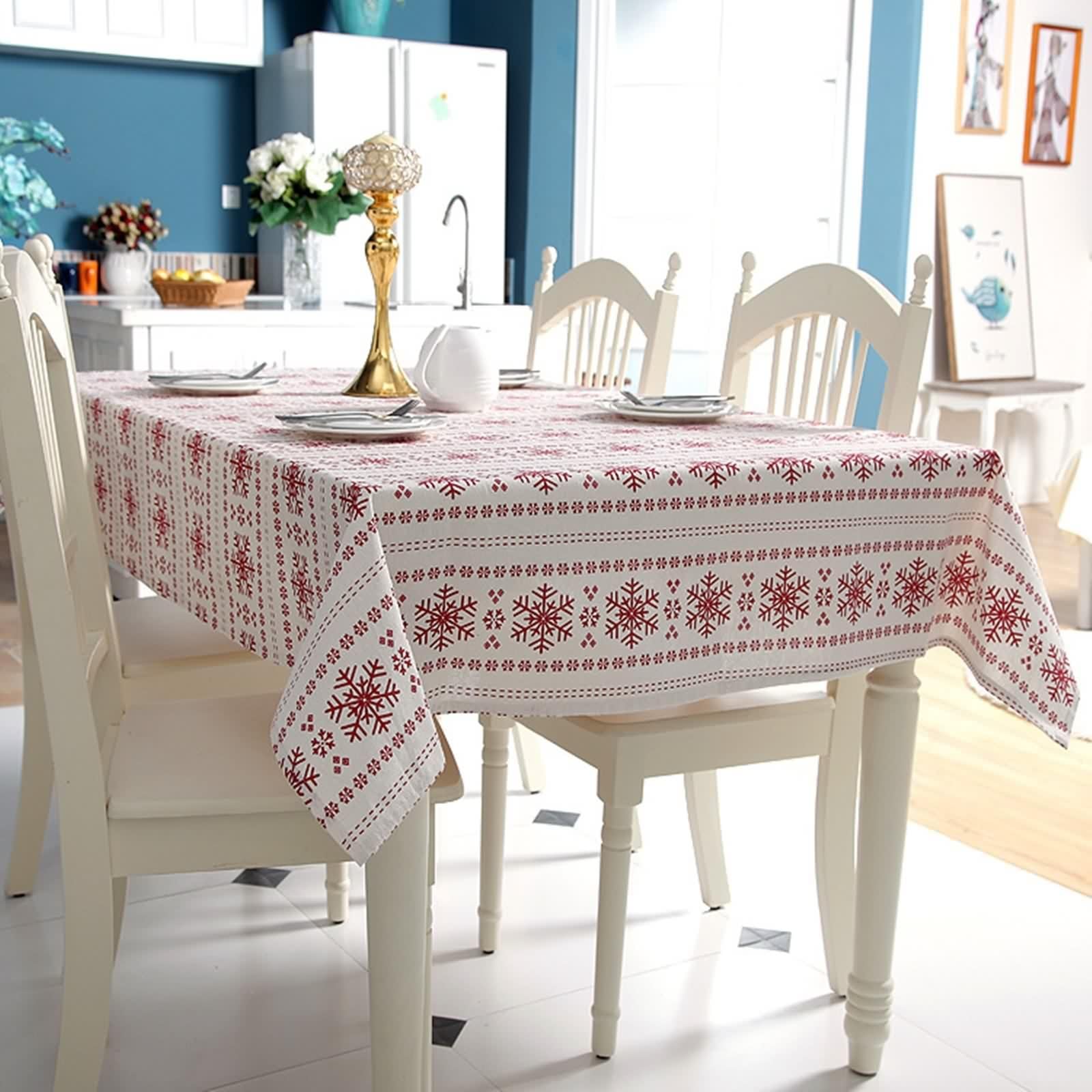 Tischdecke Vintage 140X180, Tischdecke Klein Beige Rot Polyester Baumwolle Schneeflocke Bestickt Table Cover für Geburtstag Party Hochzeit