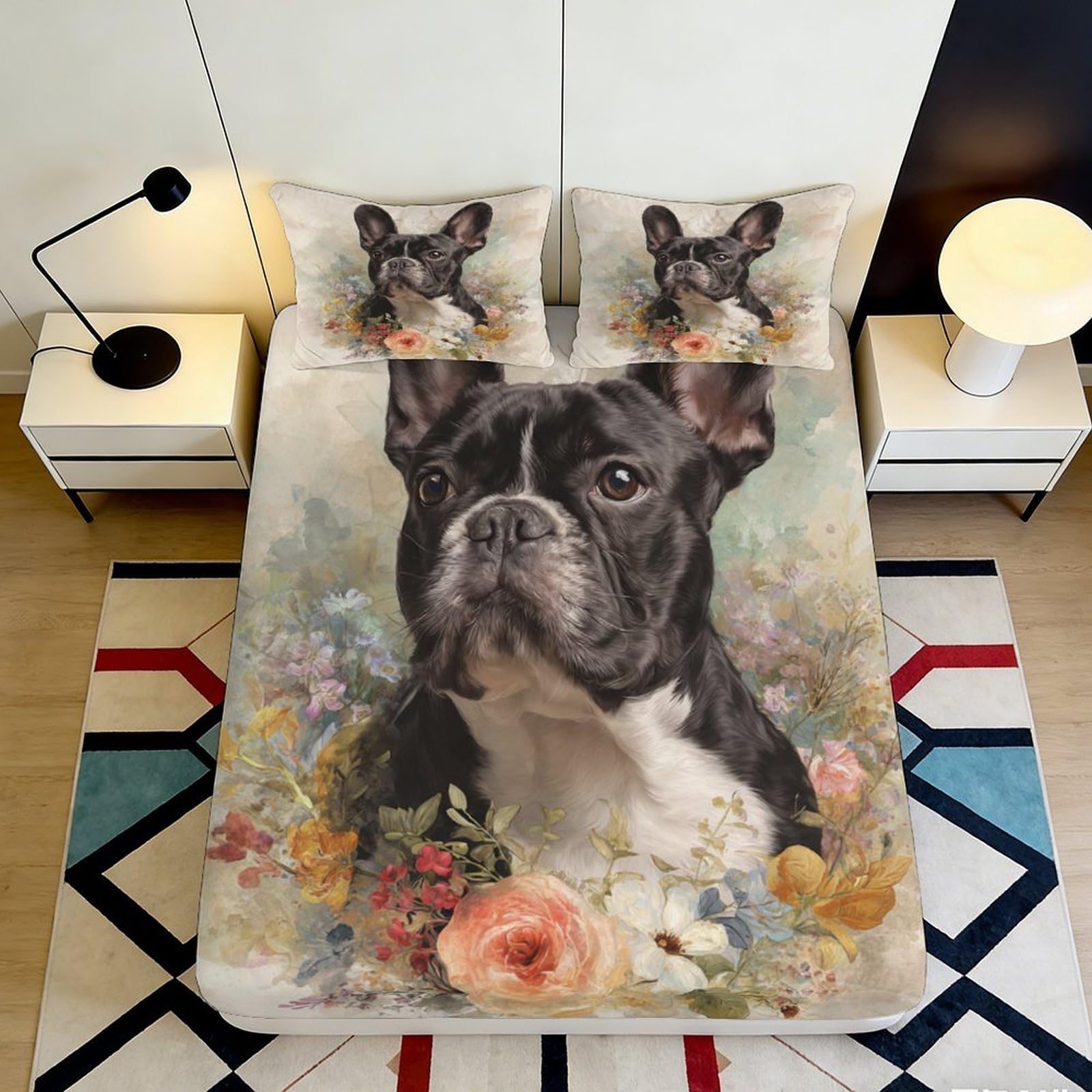 Pnayamiorkfel Style-3 3D Printed French Bulldog Floral Fitted Sheet Microfiber Soft Easy Care Bed Cover For Bedroom Guest Room Decor 90X200x25cm
