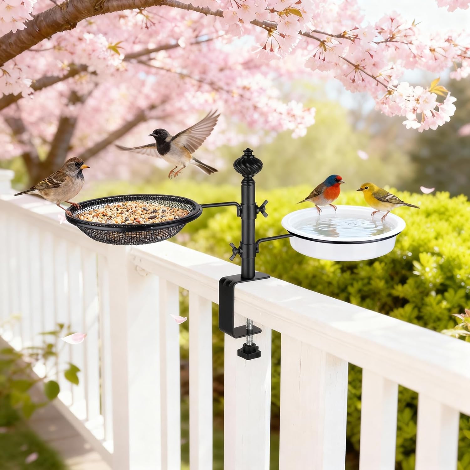Deck Bird Feeders with Metal Tray and Water Bowl, BOLITE Balcony Bird Feeders Detachable Adjustable Heavy Duty Clamp Bracket, Attracting Birds, Black, Gifts for Women Men