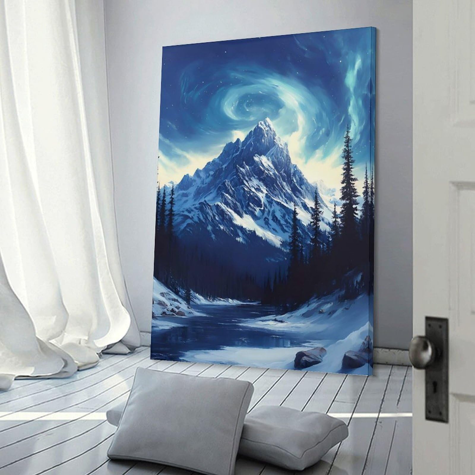 Junmoney Wall Picture Print Aurora Borealis Over Snowy Mountains, 20x30inch(50x75cm), for Living Room, Bedroom Or Home Office, Home Decor Gift with Stylish Appeal