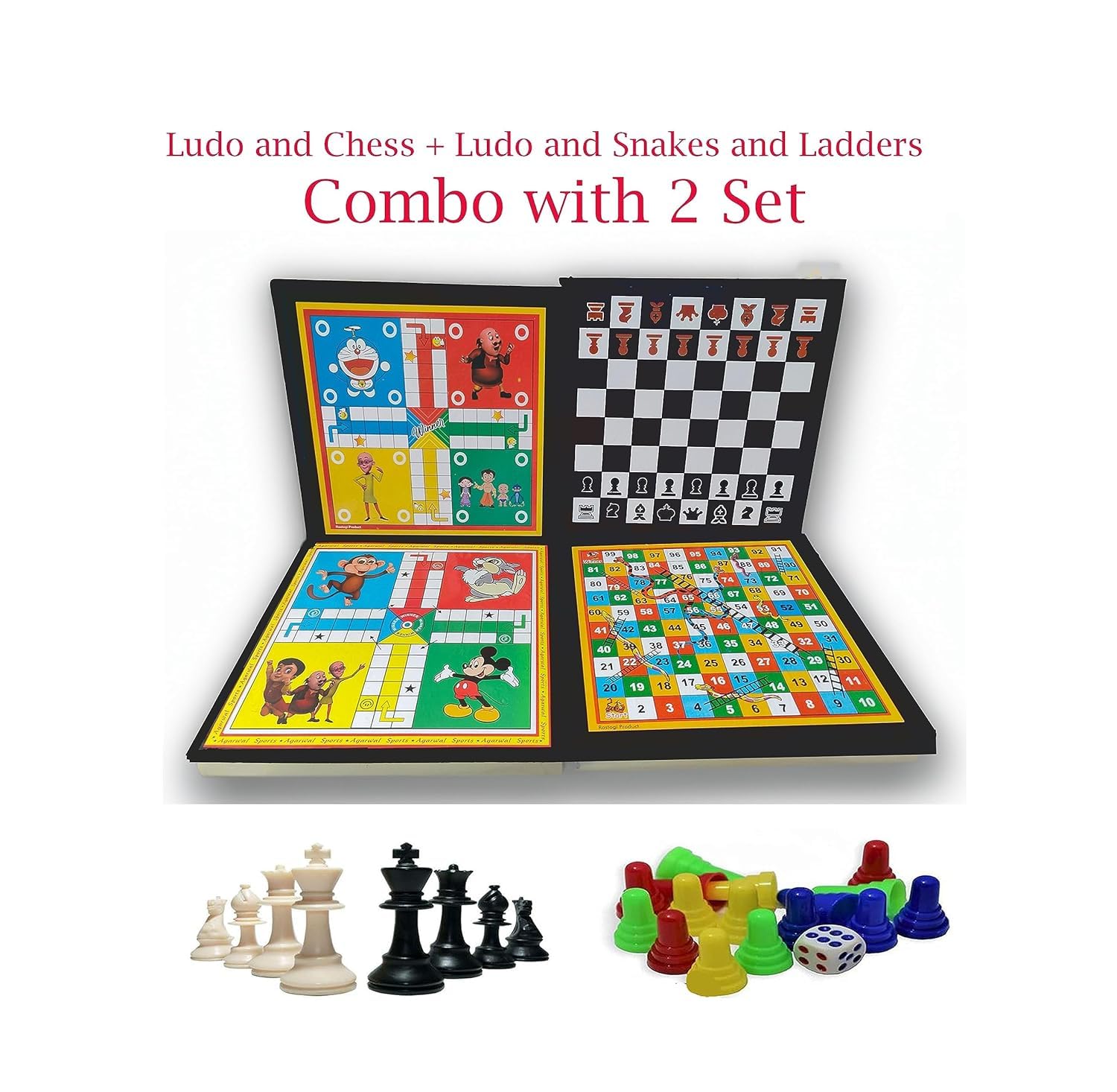 XOKO Combo of Woonden Ludo + Chess + Snake & Ladders with 1 Set of Ludo Coins 1 Set of Chessmen Coins| 3 in 1 Board Game Strategy & War Game Indoor Game Party & Fun Games Board Game|