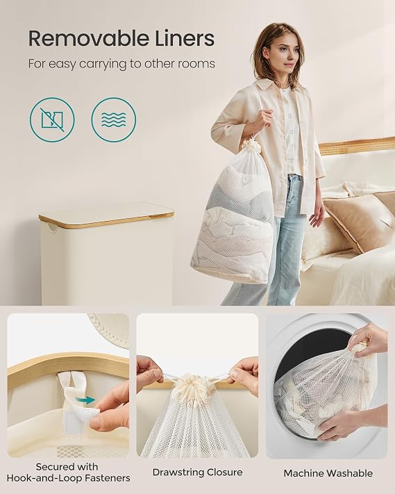SONGMICS 130L Laundry Basket with Lid, Laundry Hamper with Bamboo Handles