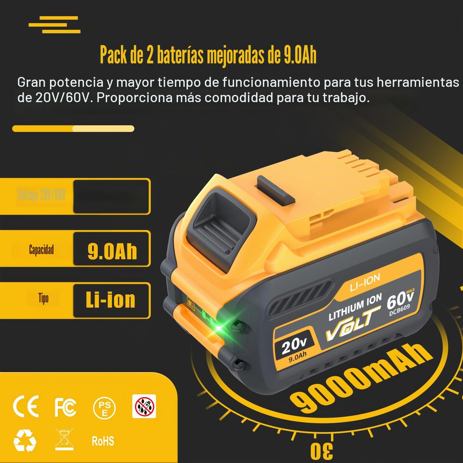 2 baterías FlexVolt XR de 20 V/60 V 9000 mAh para Dewalt DCB609 DCB606 DCB612 DCB184 DCB546 DCB200 DCB201 DCB182 compatible con herramientas eléctricas inalámbricas de 18 V, batería de iones de litio