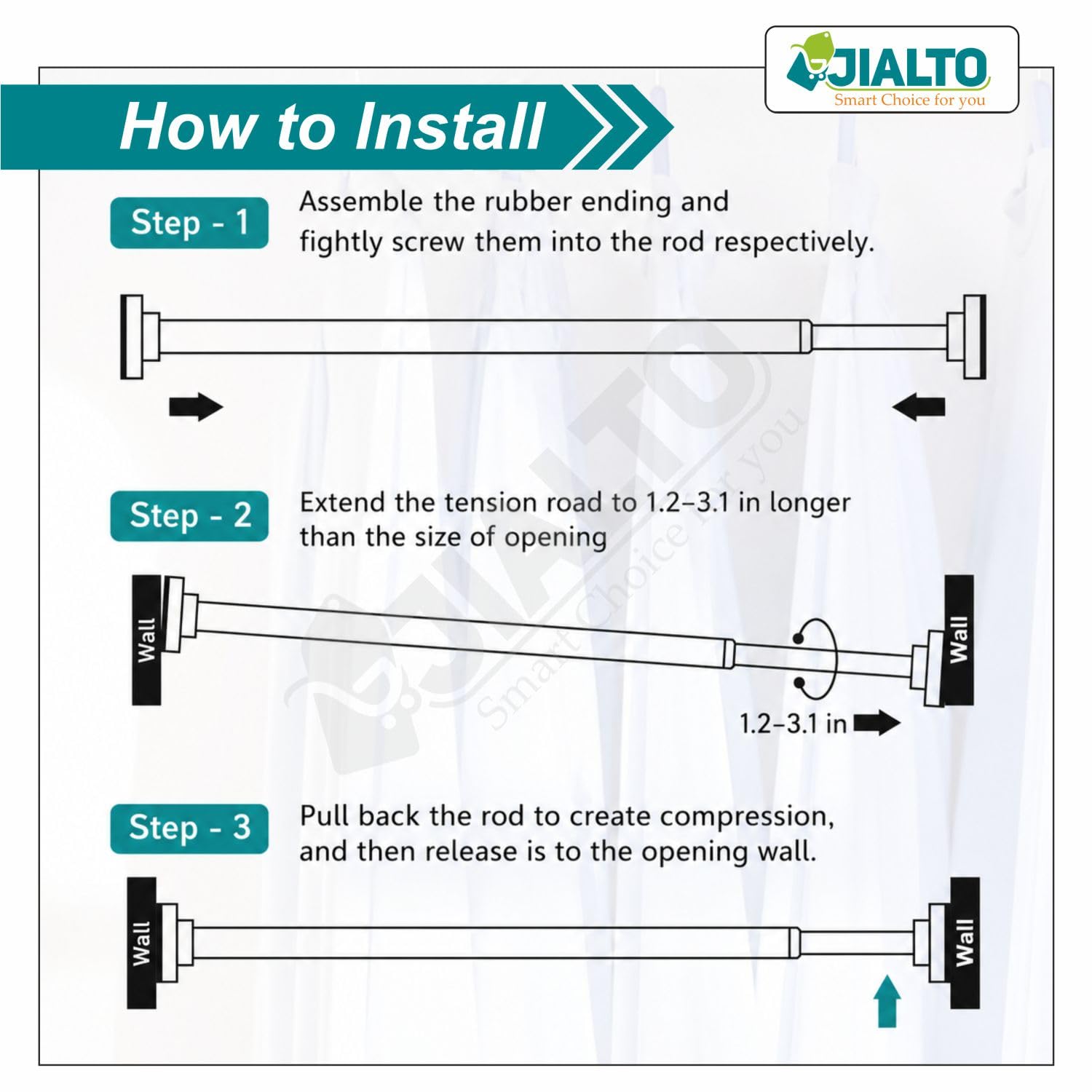 JIALTO Adjustable Bathroom Shower Curtain Rod 155 To 295 Cm Extendable Shower Tension Rod | Without Drill for Wall Anti-Skid Spring Pull Door | Telescopic Shower Curtain Stand (BLACK - 1 Pcs) — Amazon image 9